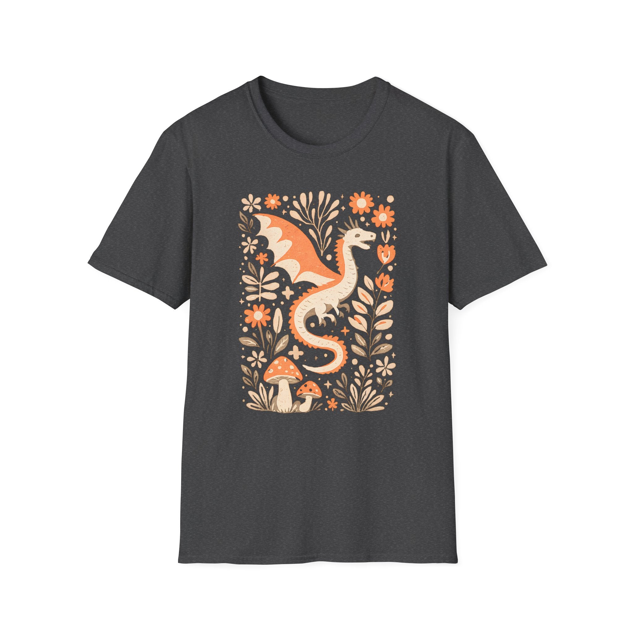 Whimsical Floral Dragon T-Shirt - Mushroom Garden Graphic Tee