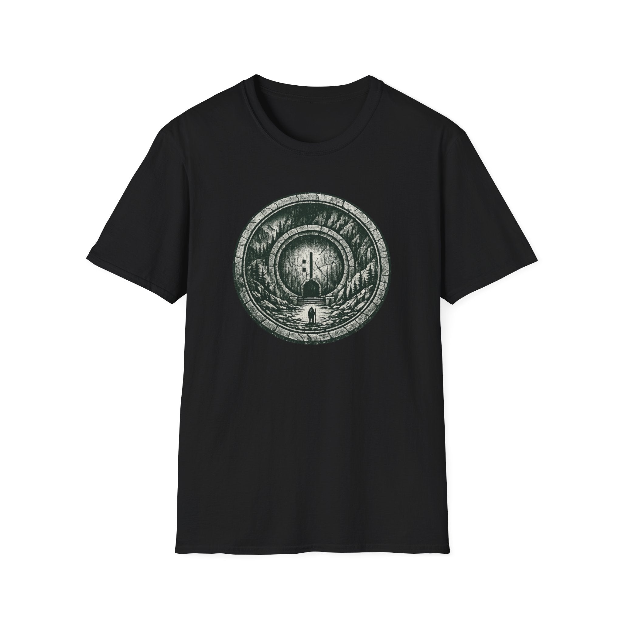 Mystic Forest Portal T-Shirt — Circular Woodland Scene with Moonlit Path