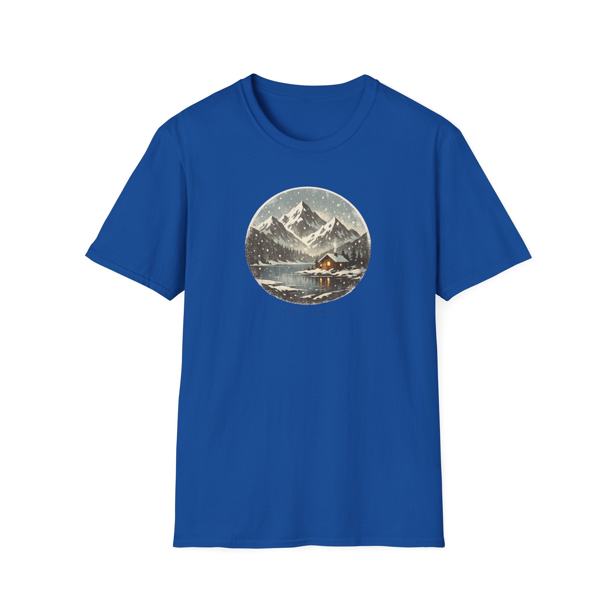 'Safe Here' Cozy Mountain Cabin Snowfall T-Shirt