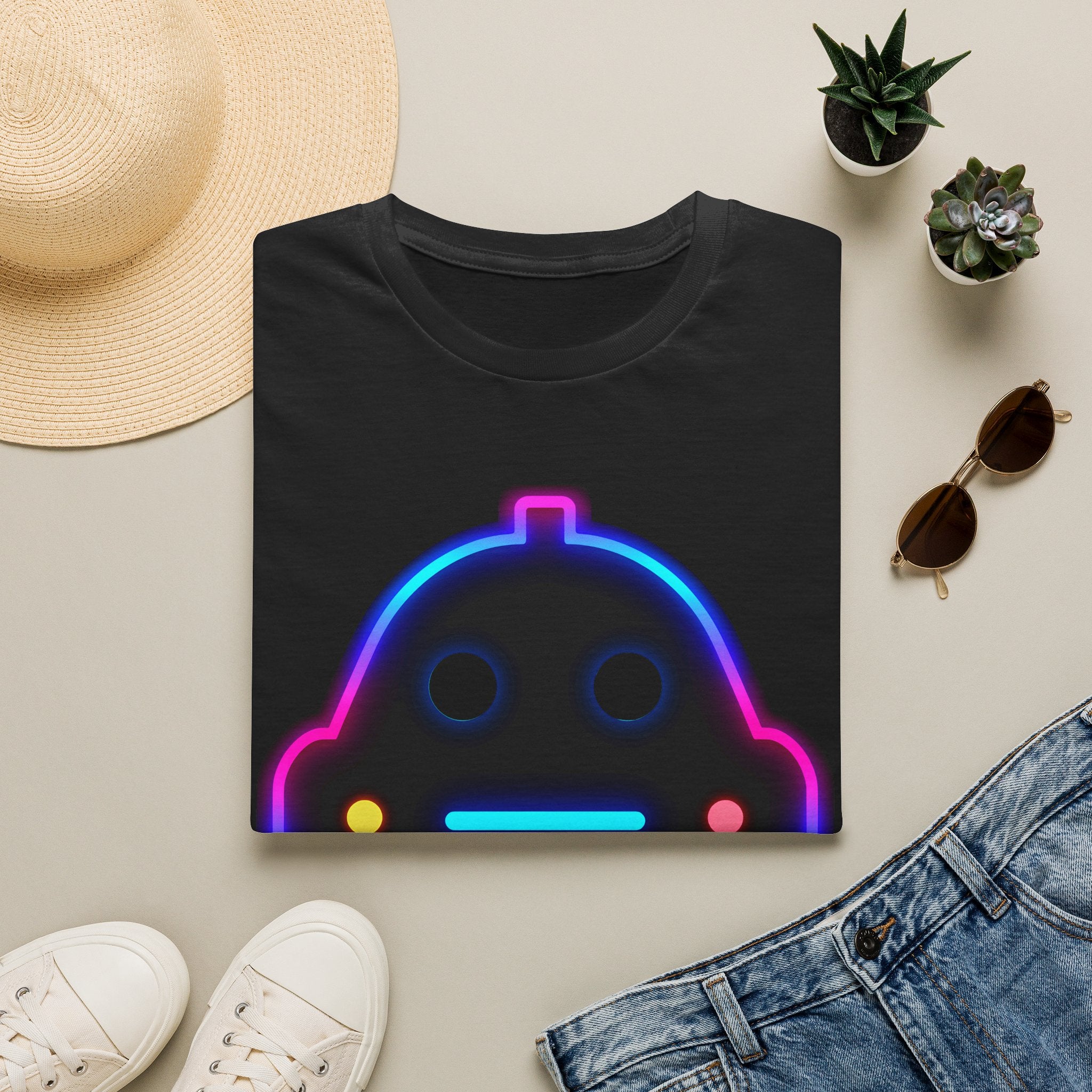 Neon Robot Tee - Retro Glowing Cute Bot Graphic T-Shirt