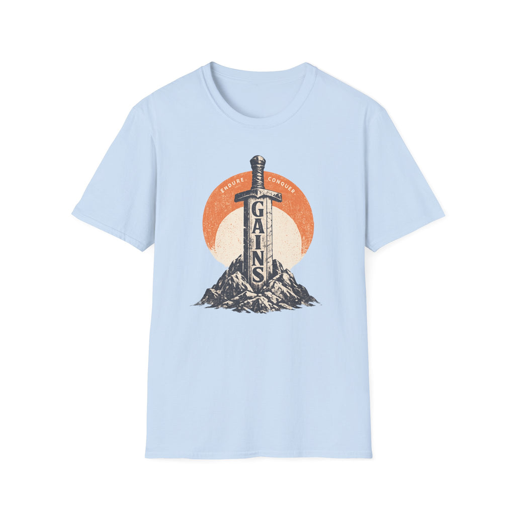 "Gains" Giant Sword T-Shirt — 'Endure Conquer' Vintage Fitness Tee