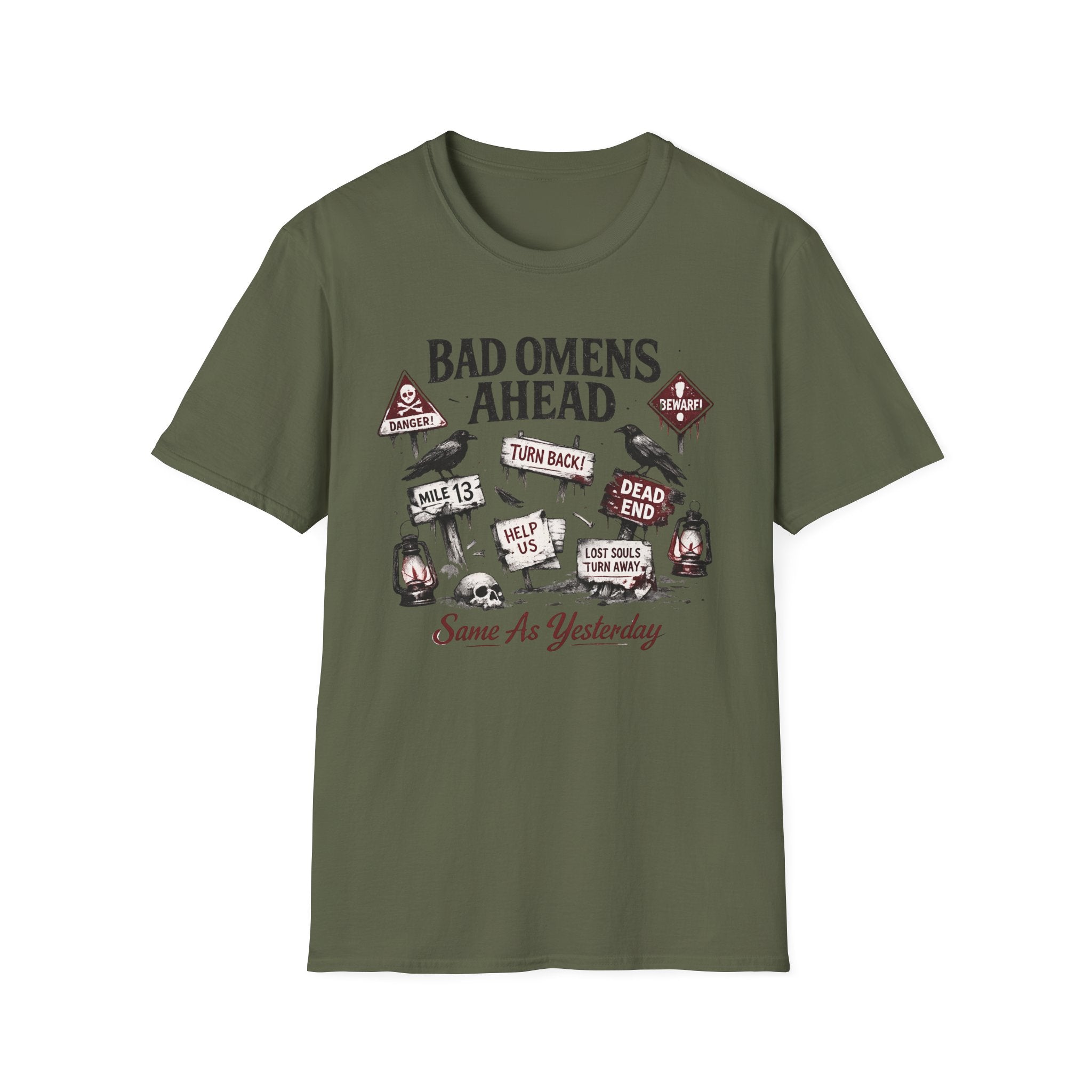 "Bad Omens Ahead" Graphic T-Shirt (humorous warning sign design)