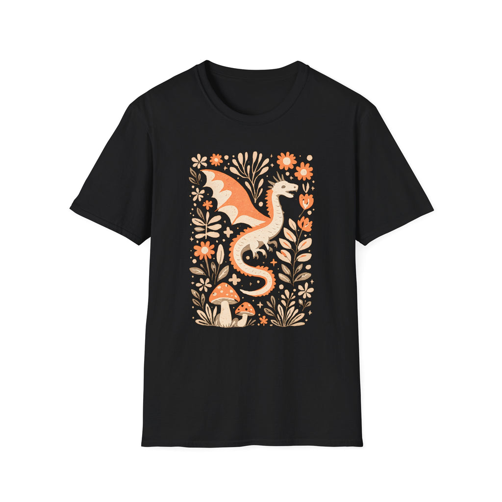 Whimsical Floral Dragon T-Shirt - Mushroom Garden Graphic Tee