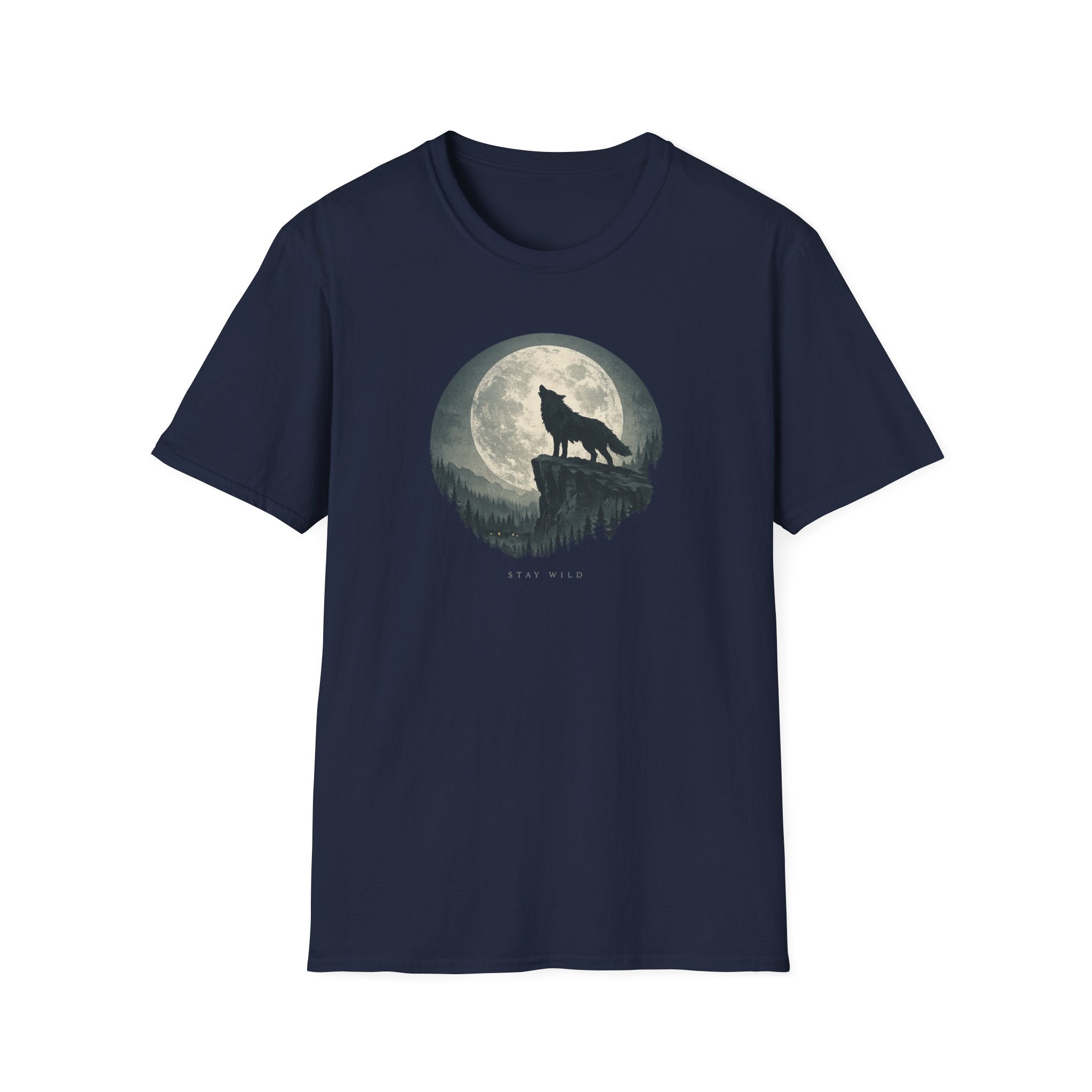 'Stay Wild' Wolf Howling at Moon T‑Shirt - Wilderness Moonlight Graphic Tee