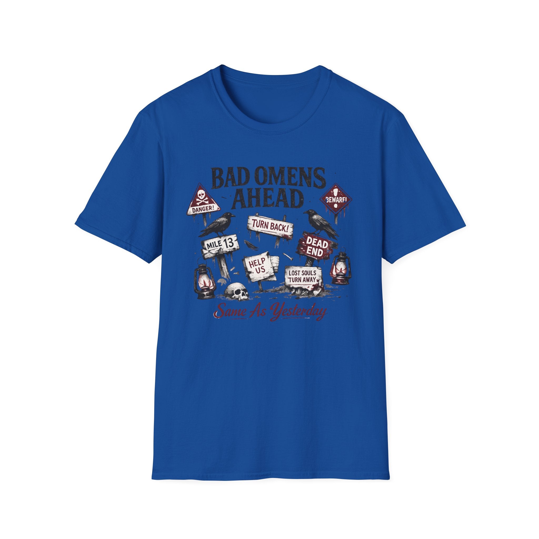"Bad Omens Ahead" Graphic T-Shirt (humorous warning sign design)