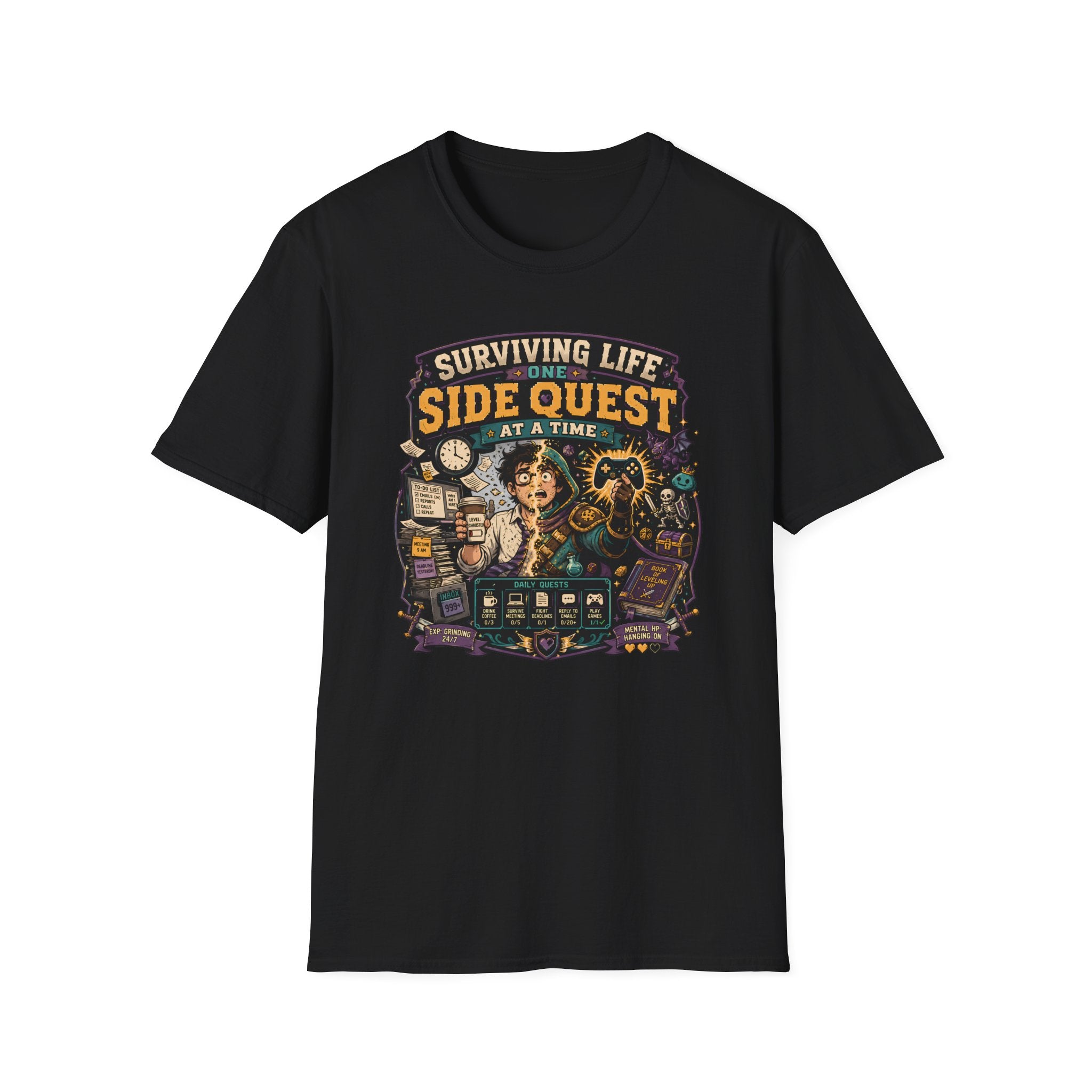 "Surviving Life One Side Quest At A Time" T-Shirt - Retro Gamers RPG Adventure Tee