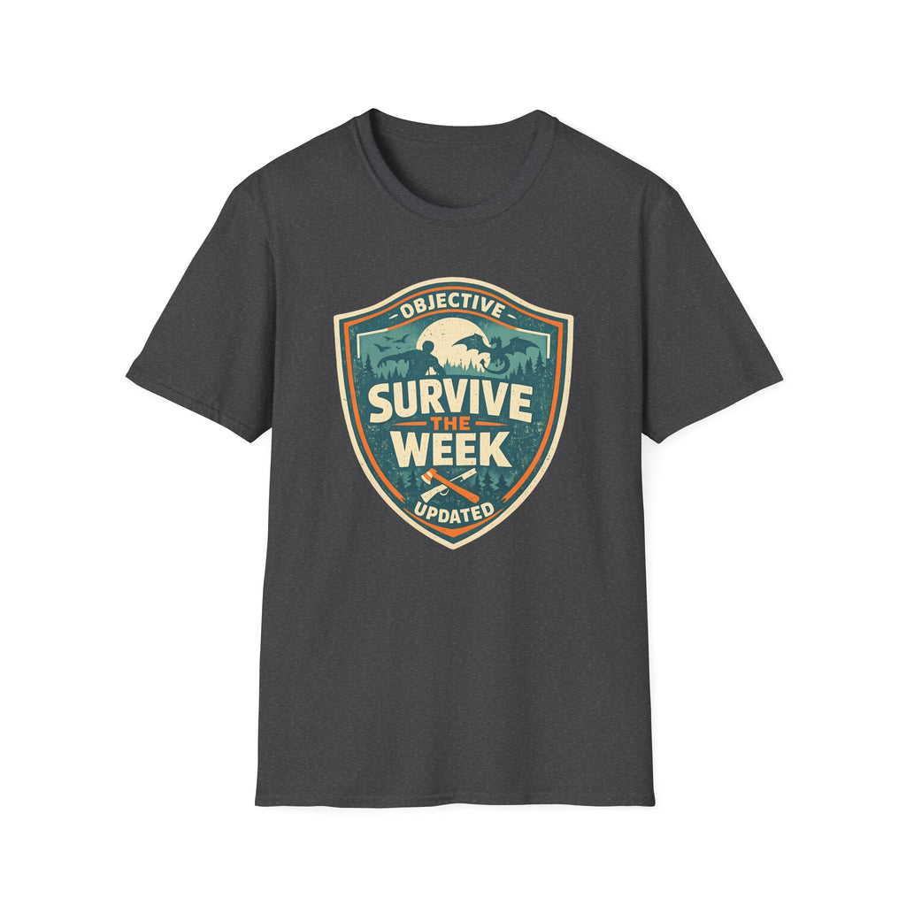 Survive The Week Shield T‑Shirt - Adventure Objective Updated Graphic Tee