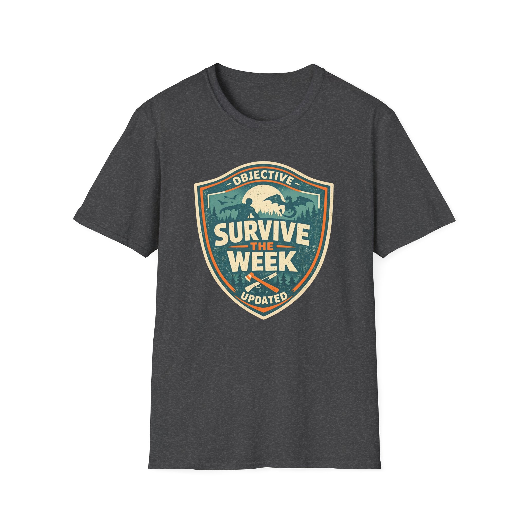 Survive The Week Shield T‑Shirt - Adventure Objective Updated Graphic Tee