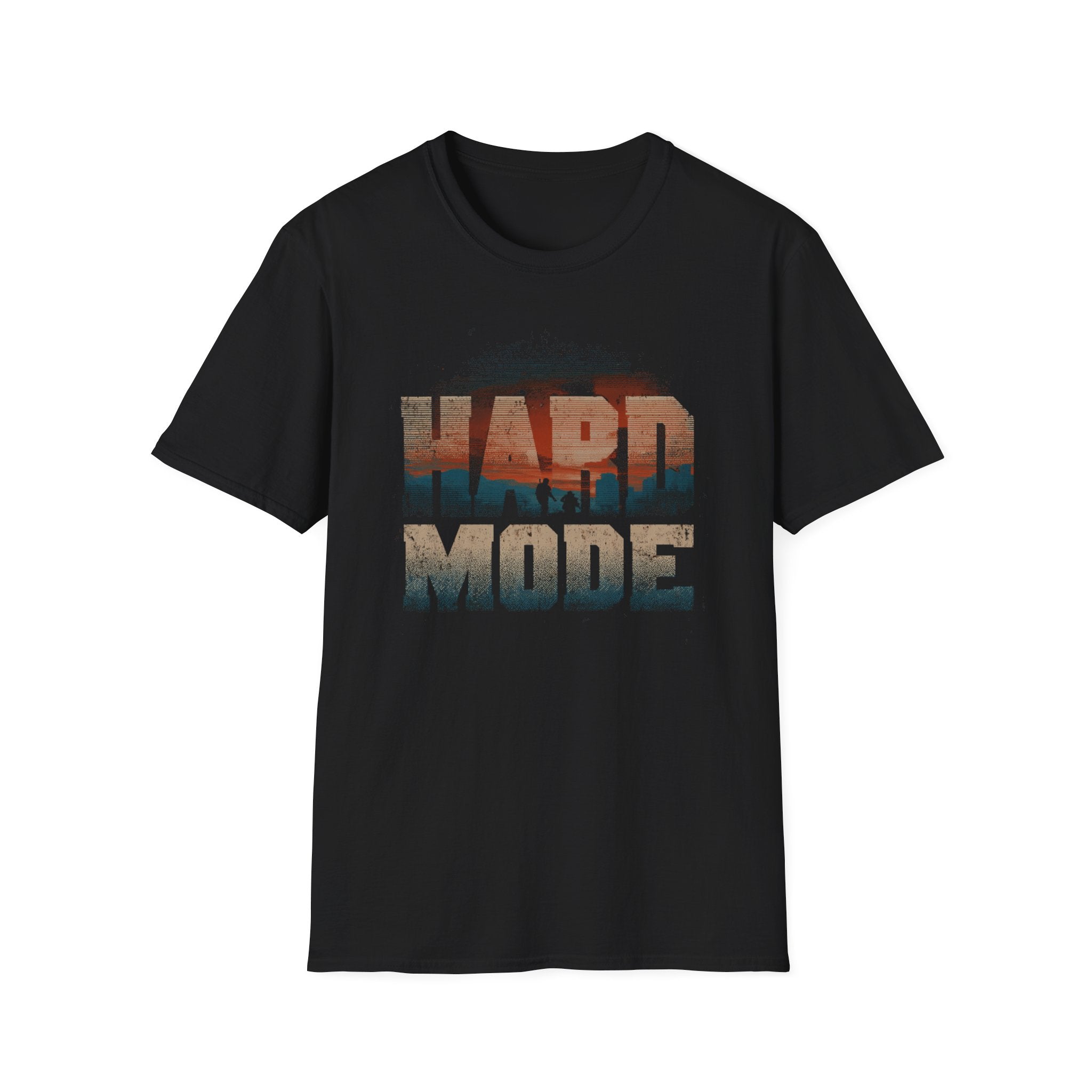 Hard Mode Retro Distressed T-Shirt - Vintage Stripes Gamer/Grind Motivational Tee