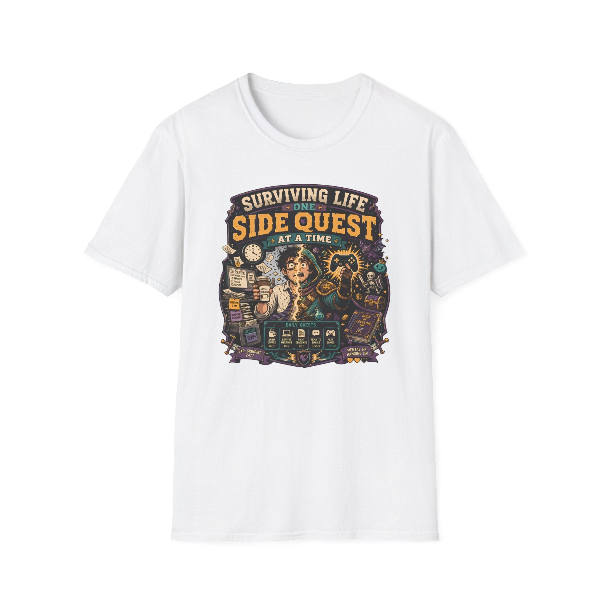 "Surviving Life One Side Quest At A Time" T-Shirt - Retro Gamers RPG Adventure Tee