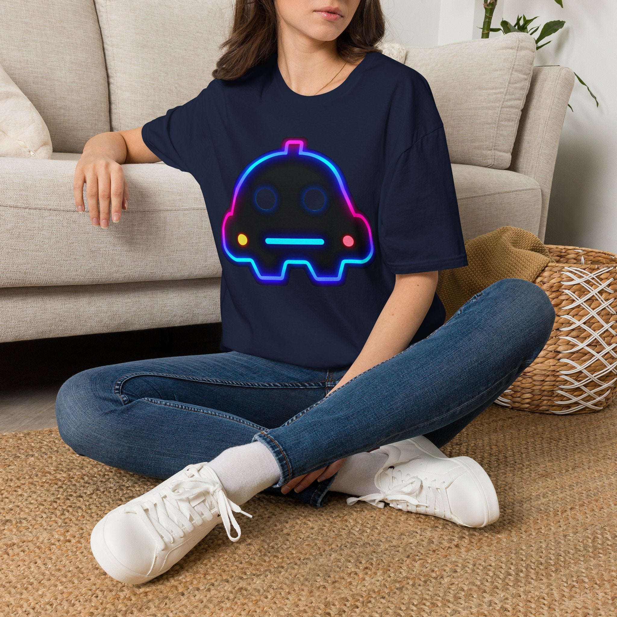 Neon Robot Tee - Retro Glowing Cute Bot Graphic T-Shirt