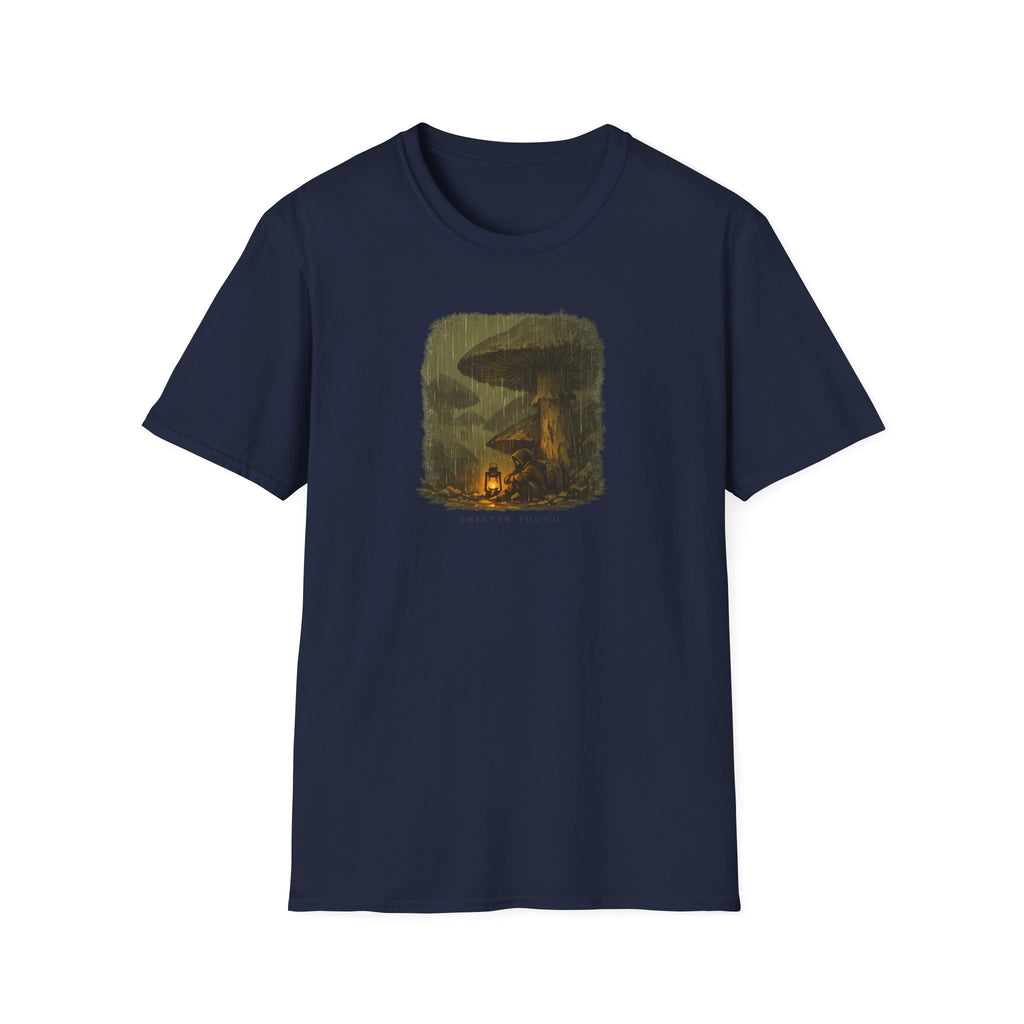 'Shelter Found' Mushroom T-Shirt - Cozy Forest Campfire Illustration