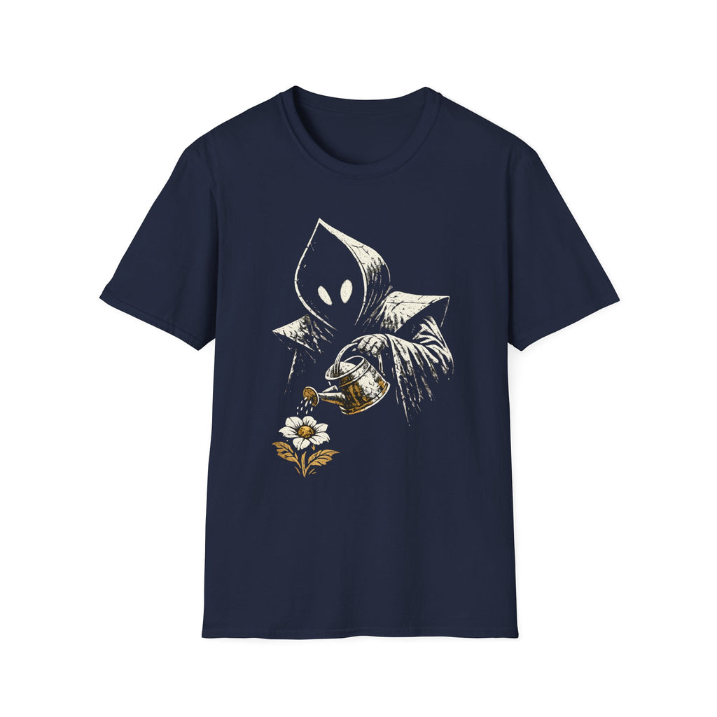 Hooded Figure Watering Flower Graphic T-Shirt (Flatwoods Monster Tee)