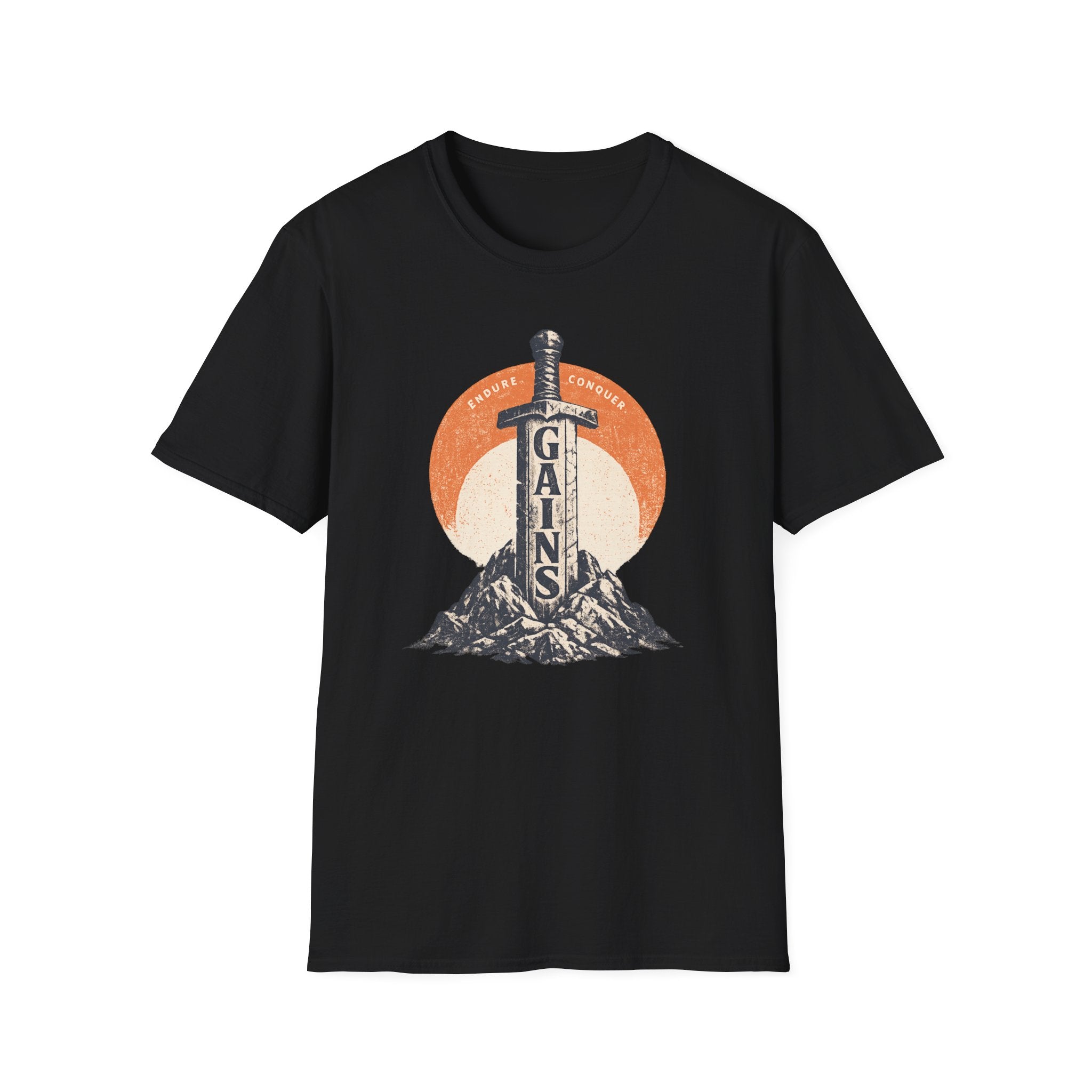 "Gains" Giant Sword T-Shirt — 'Endure Conquer' Vintage Fitness Tee