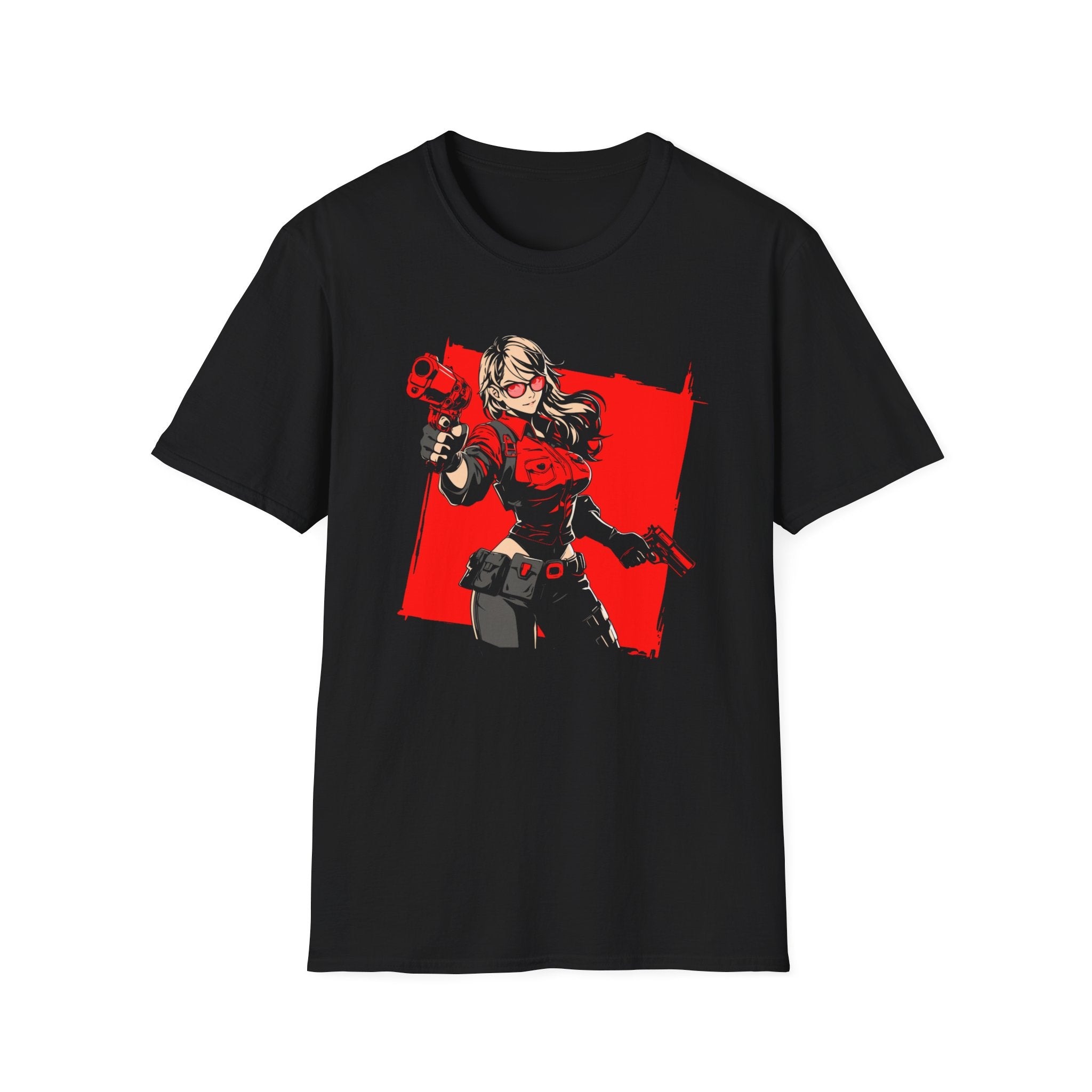 Gamer Girl Gunslinger Graphic T-Shirt — Red Comic Gun Heroine Tee