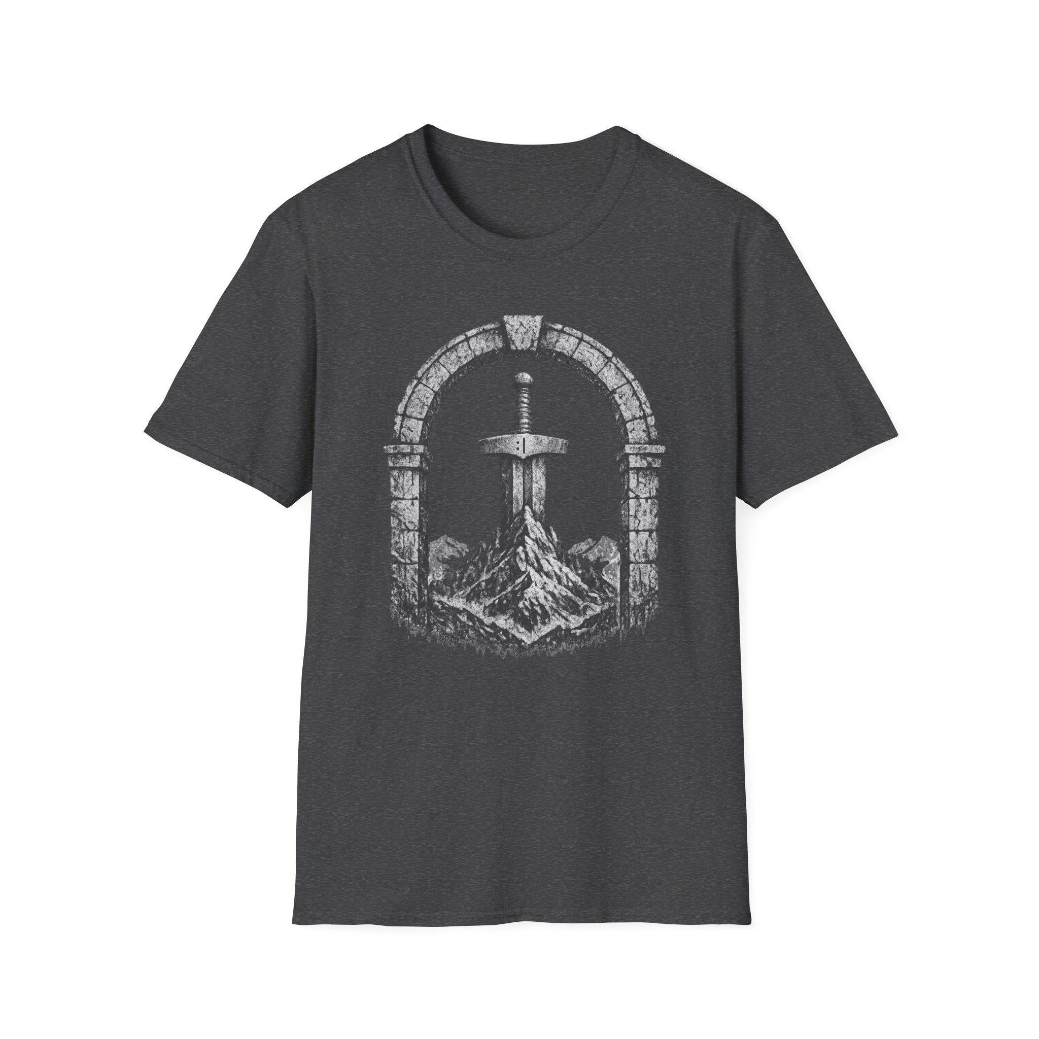 Sword in the Stone Mountain T-Shirt - Fantasy Sword & Archway Graphic Tee