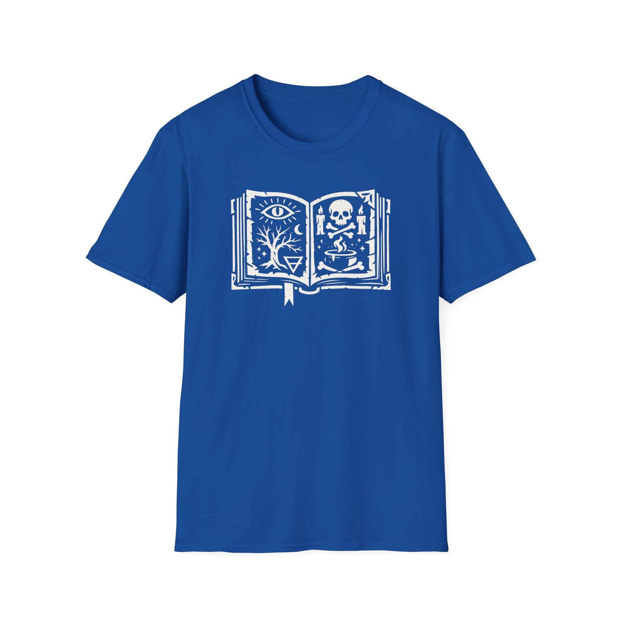 Spellbook Stylized Graphic T-Shirt - Vintage Witchbook Tee (Eye, Skull & Symbols)