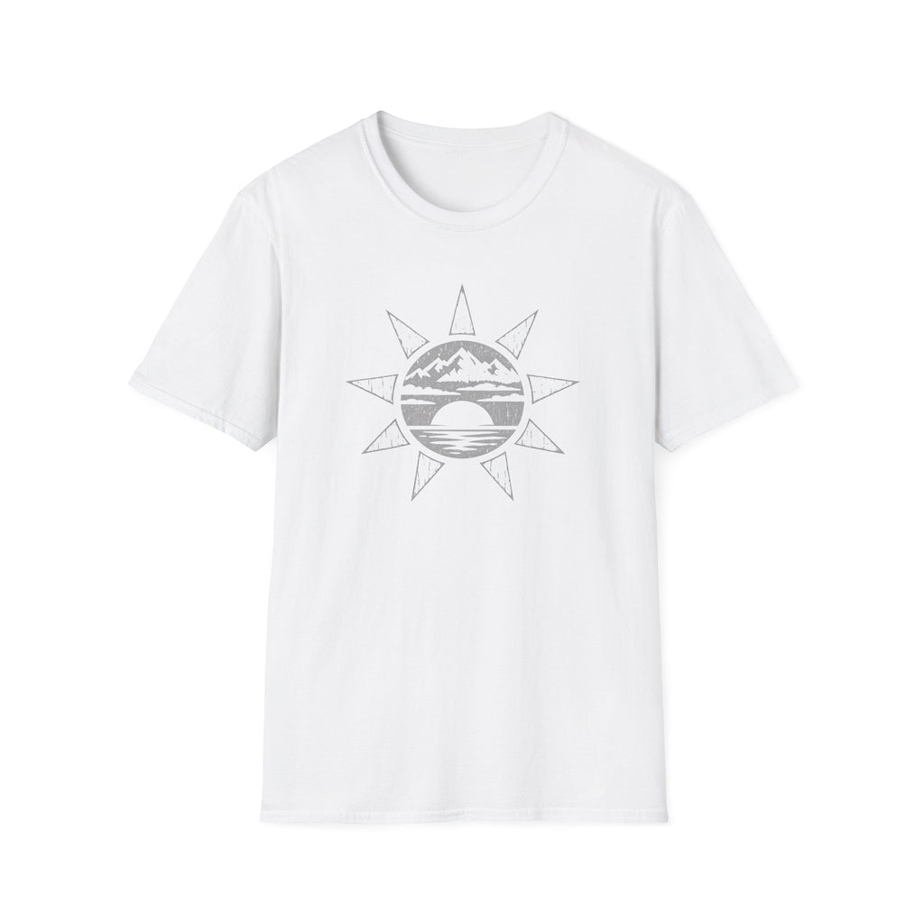 Sunset Mountain T-Shirt — Minimal Nautical Sun & Waves Graphic