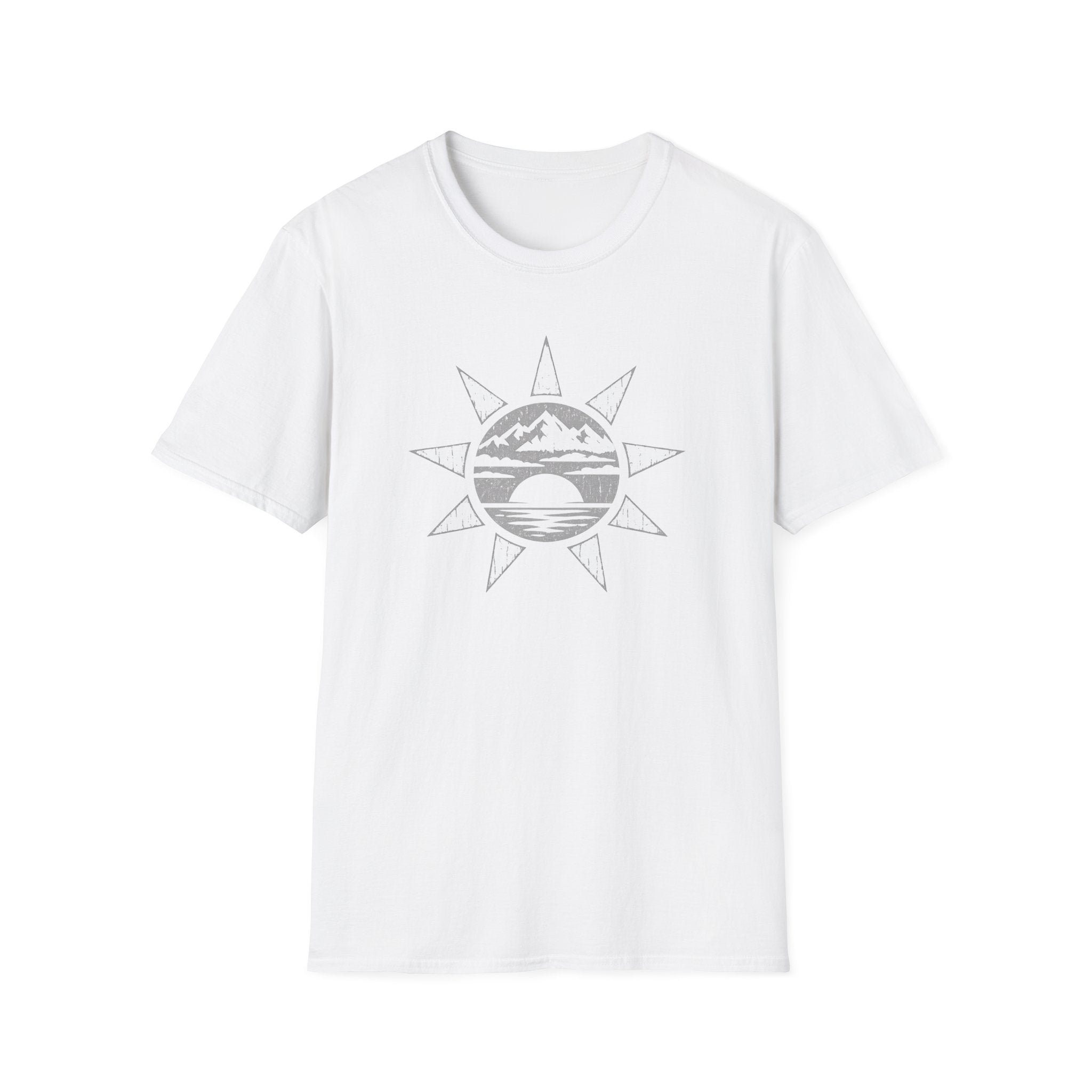 Sunset Mountain T-Shirt — Minimal Nautical Sun & Waves Graphic