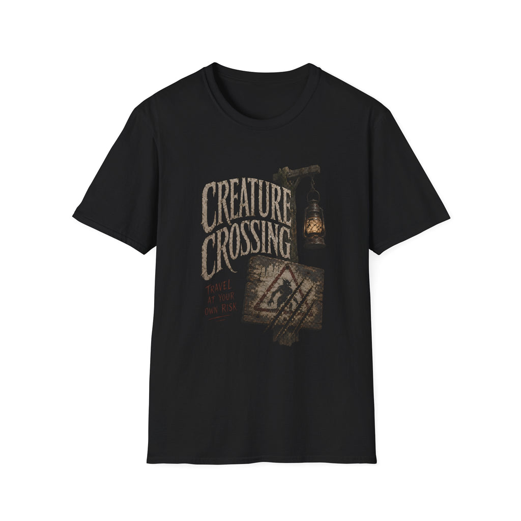 Creature Crossing T-Shirt - Rustic Lantern & Caution Adventure Tee