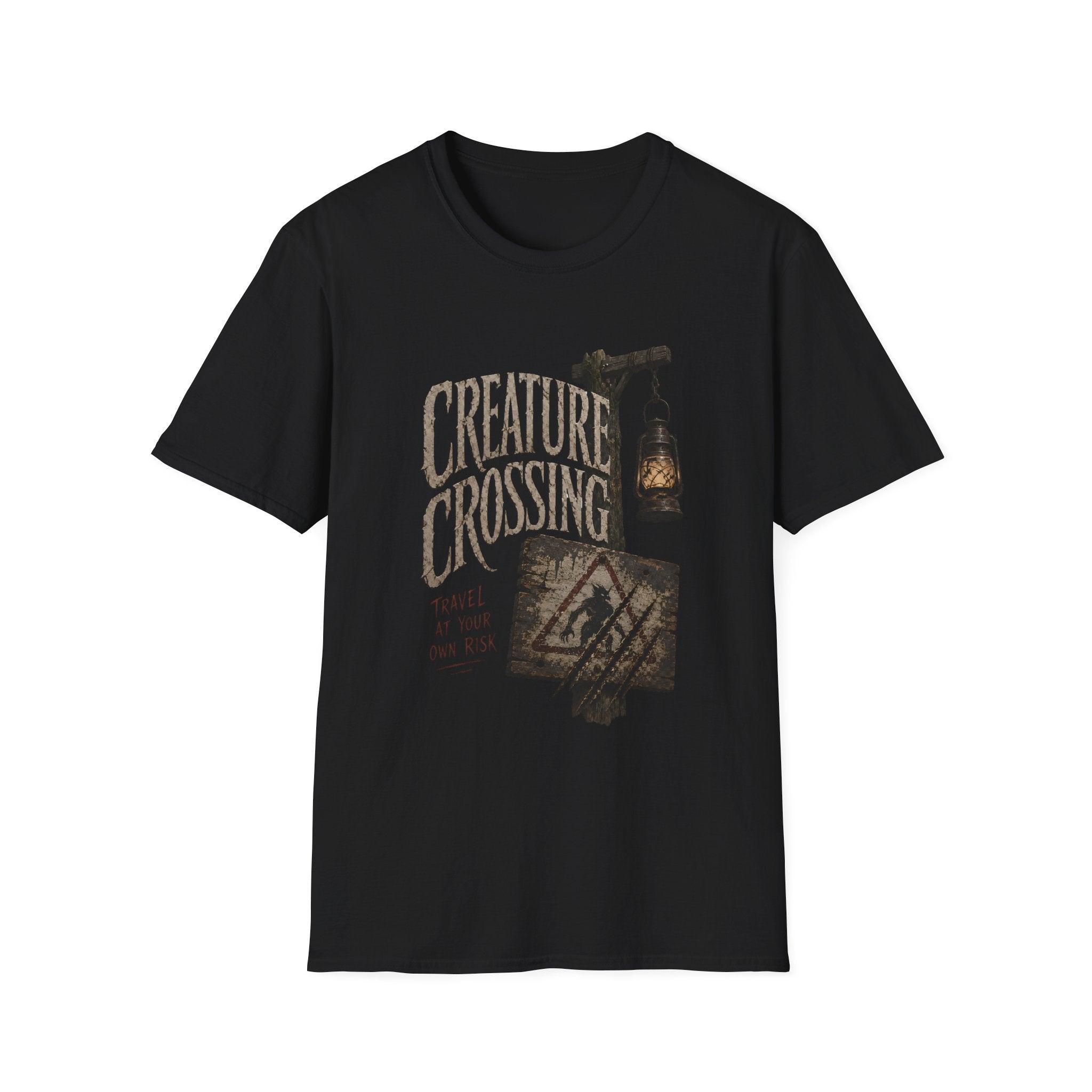 Creature Crossing T-Shirt - Rustic Lantern & Caution Adventure Tee