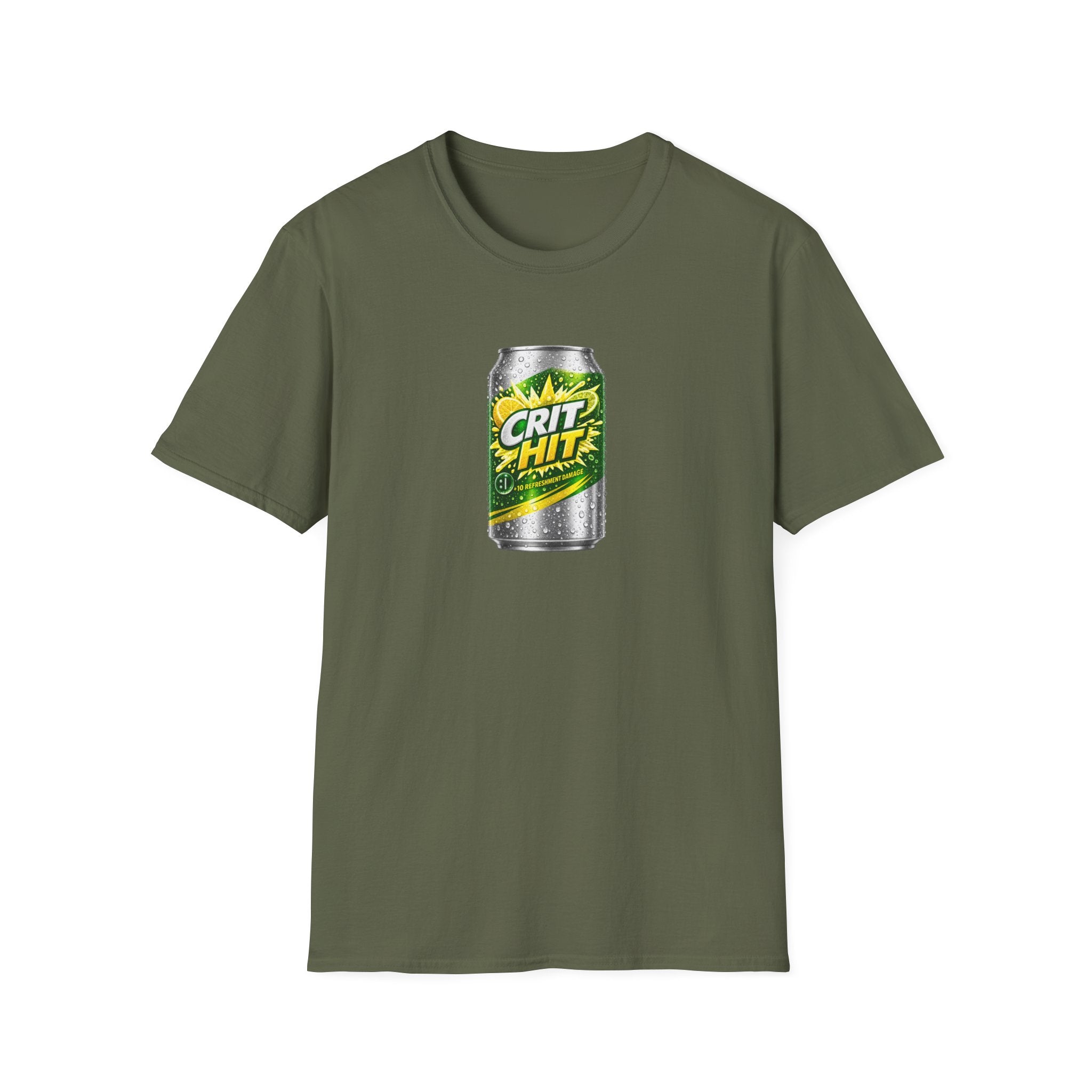 Crit Hit Citrus Soda Parody T-Shirt — Gamer Energy Drink Graphic Tee