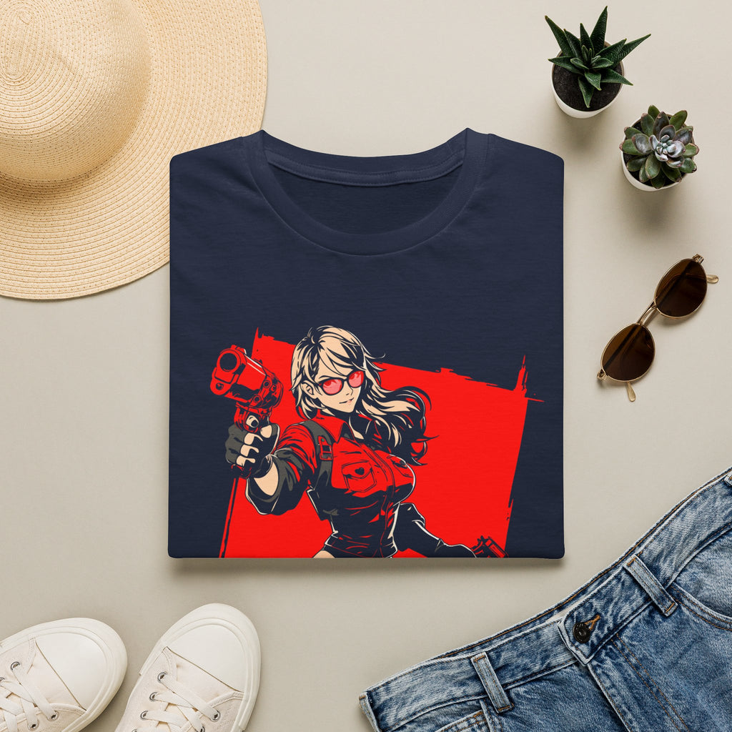 Gamer Girl Gunslinger Graphic T-Shirt — Red Comic Gun Heroine Tee