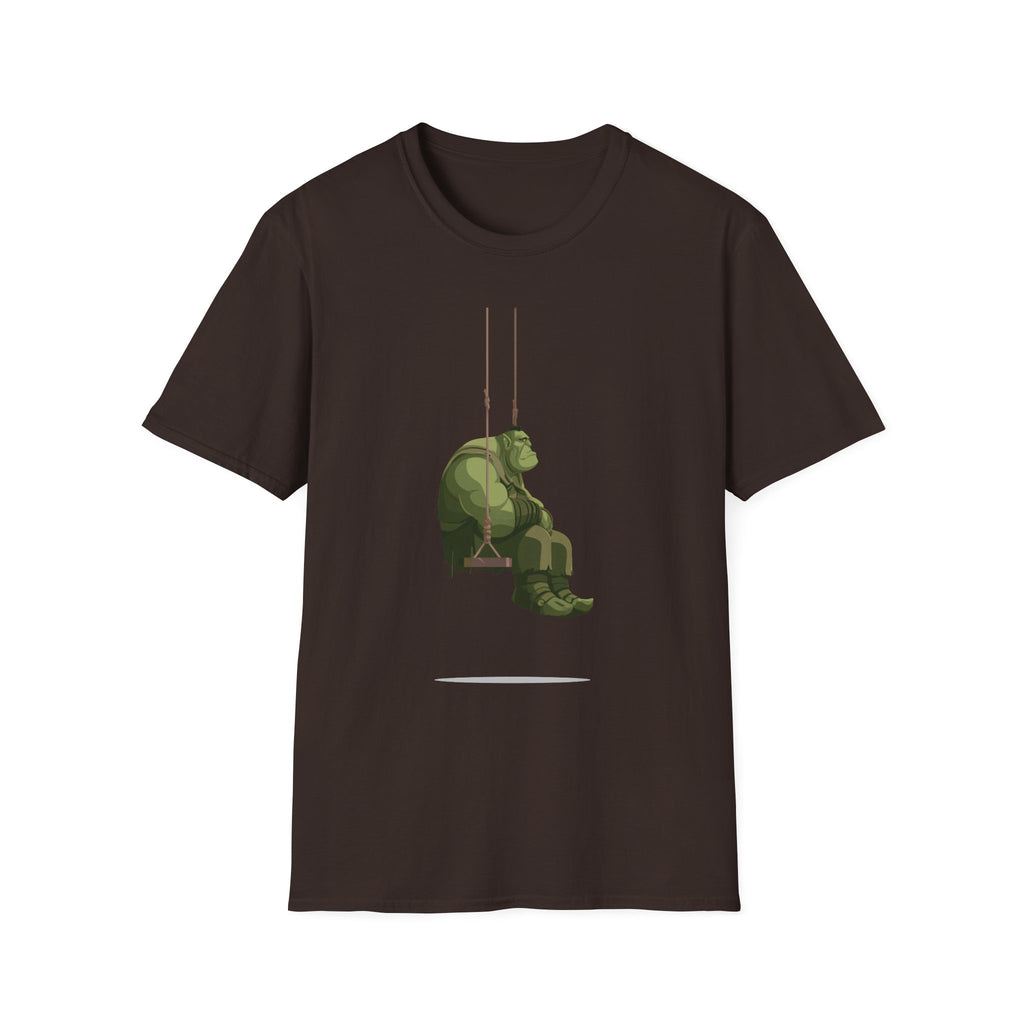 Sad Ogre Graphic T-Shirt - Cute Green Monster Swinging Tee