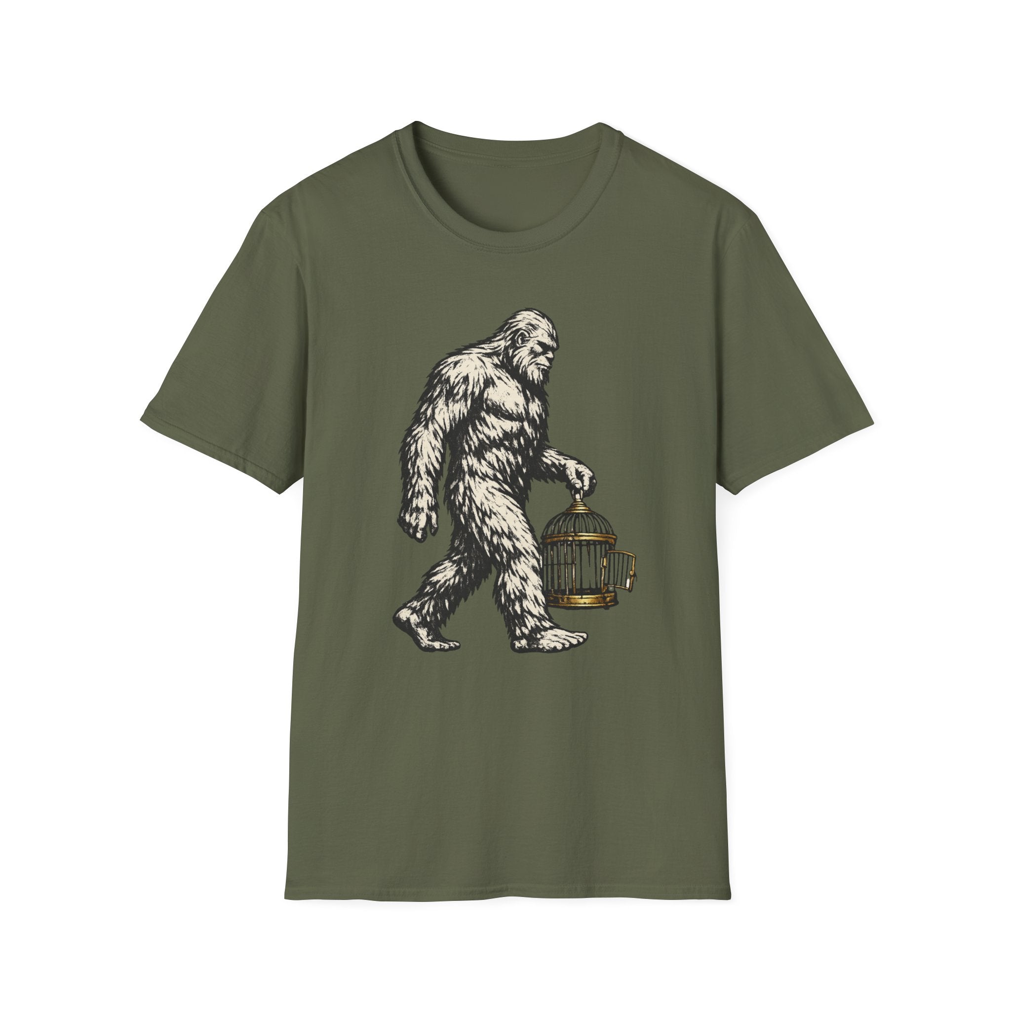 Bigfoot Carrying Birdcage Graphic Tee - Sasquatch T-Shirt