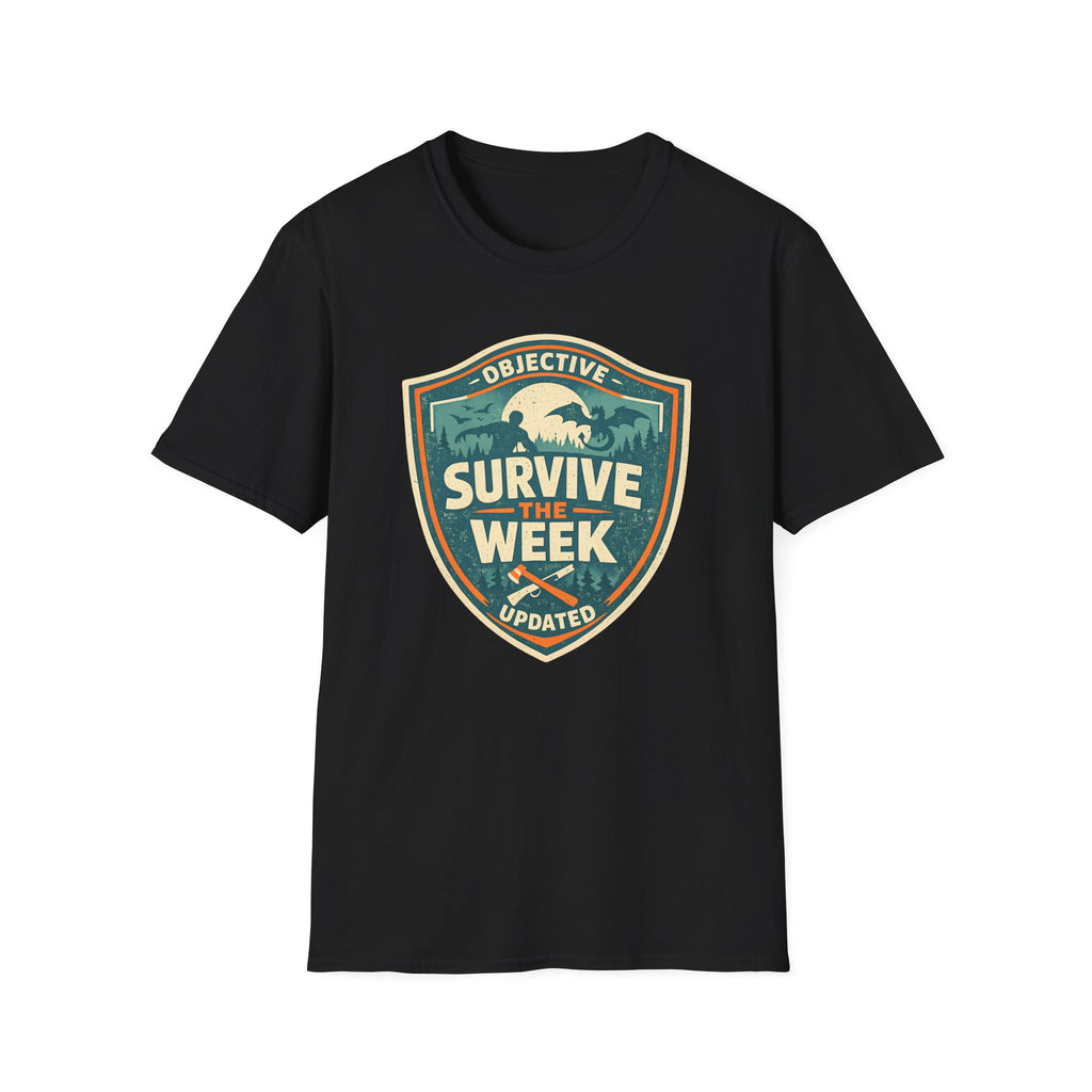 Survive The Week Shield T‑Shirt - Adventure Objective Updated Graphic Tee