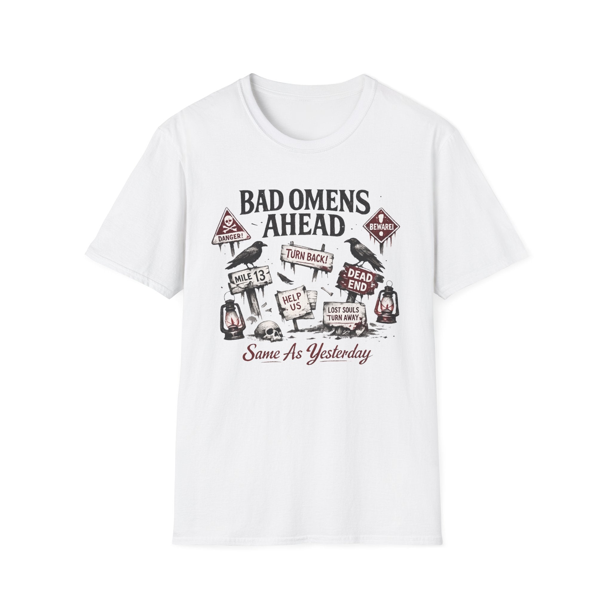 "Bad Omens Ahead" Graphic T-Shirt (humorous warning sign design)