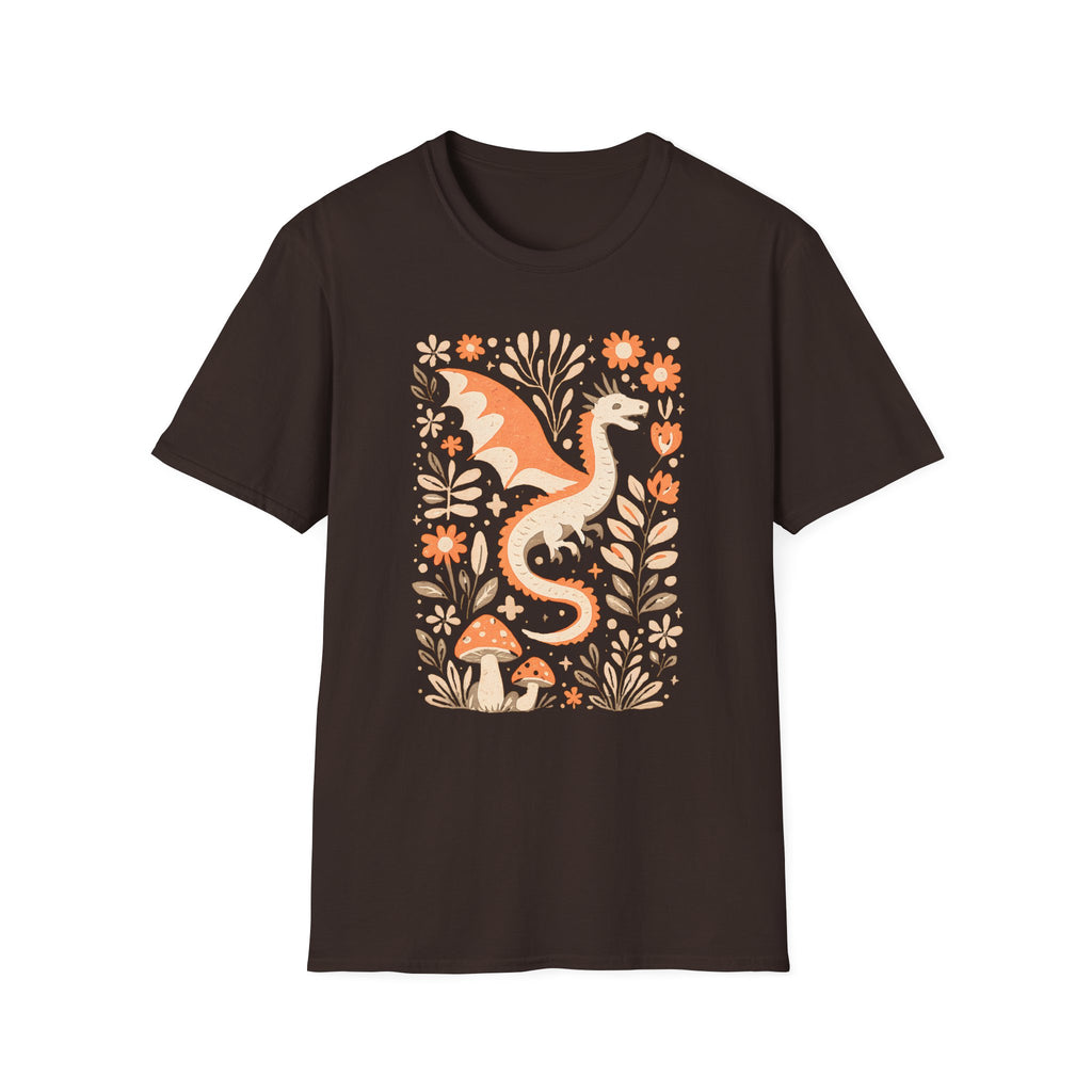 Whimsical Floral Dragon T-Shirt - Mushroom Garden Graphic Tee