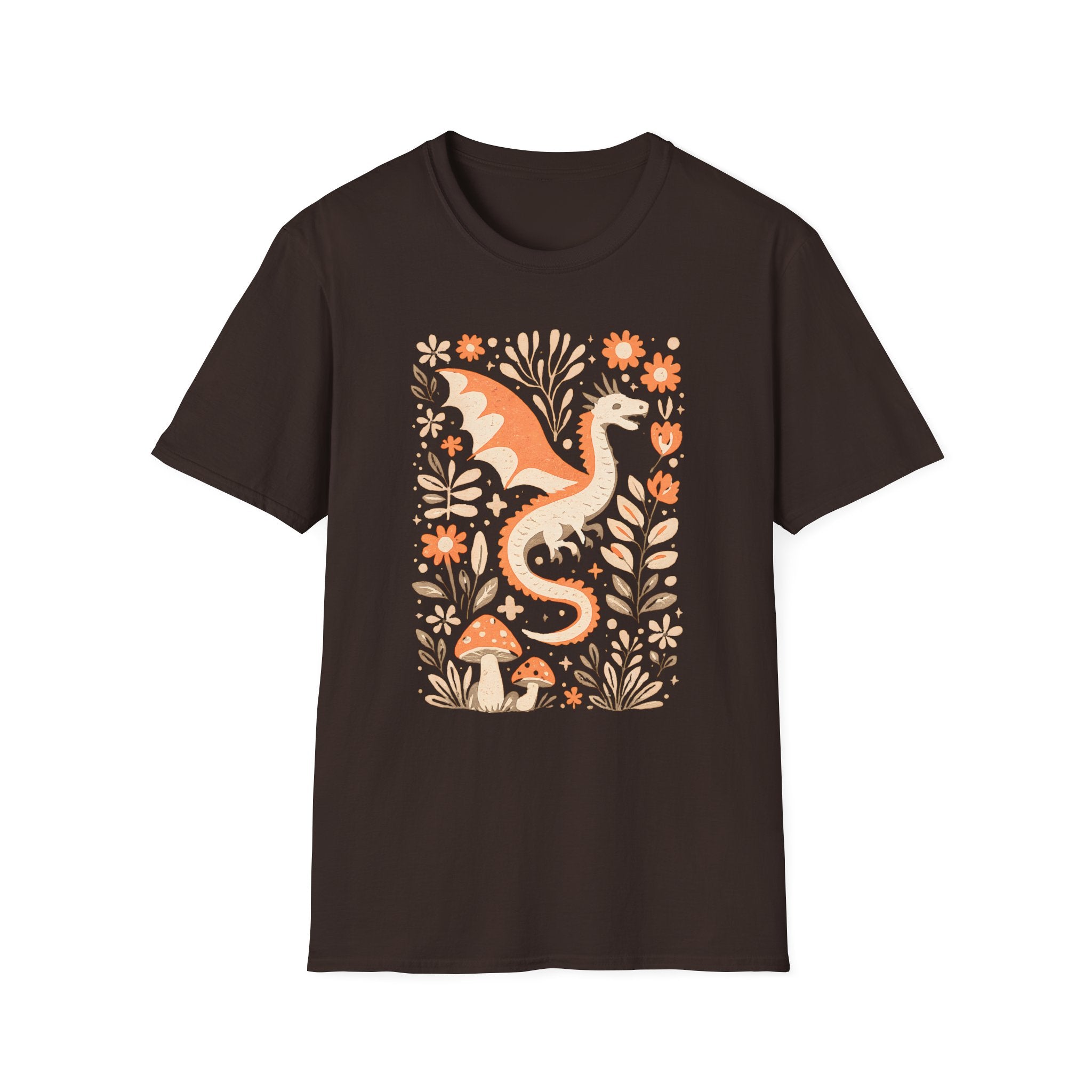 Whimsical Floral Dragon T-Shirt - Mushroom Garden Graphic Tee