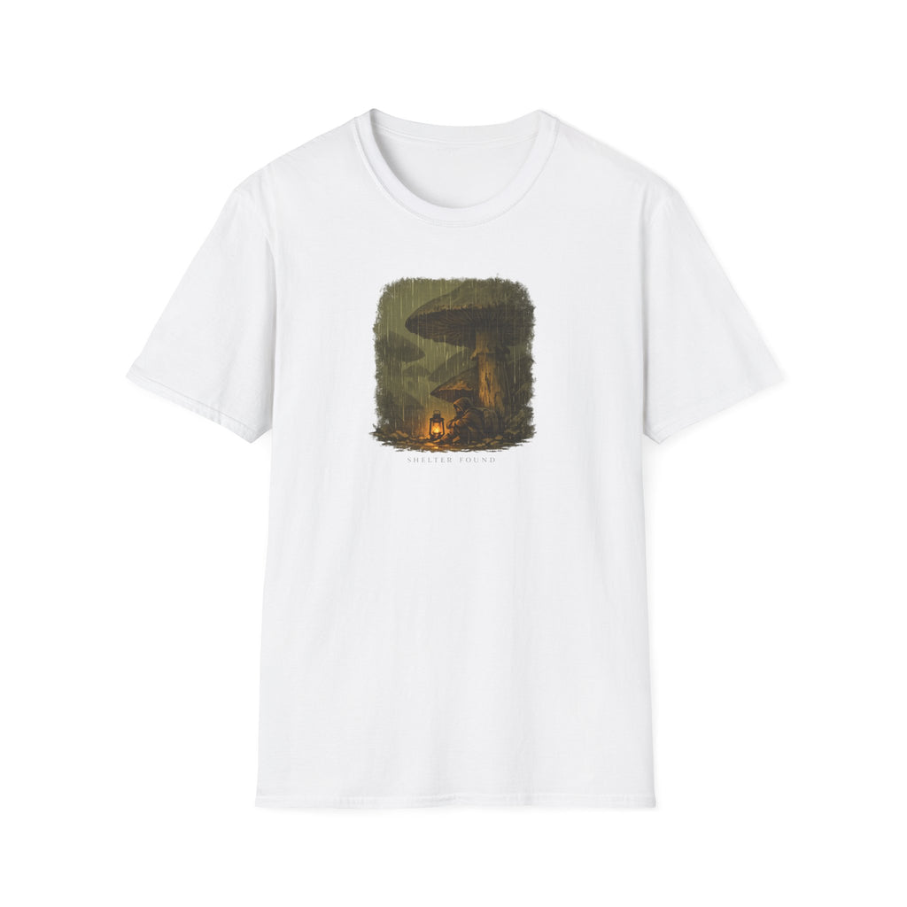 'Shelter Found' Mushroom T-Shirt - Cozy Forest Campfire Illustration