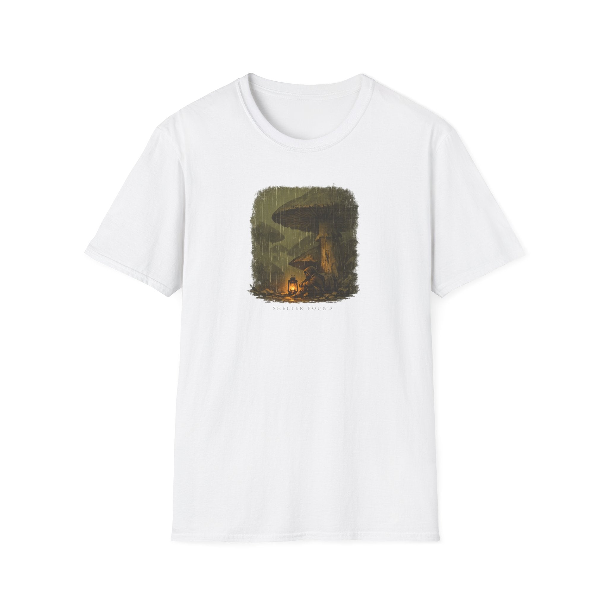 'Shelter Found' Mushroom T-Shirt - Cozy Forest Campfire Illustration