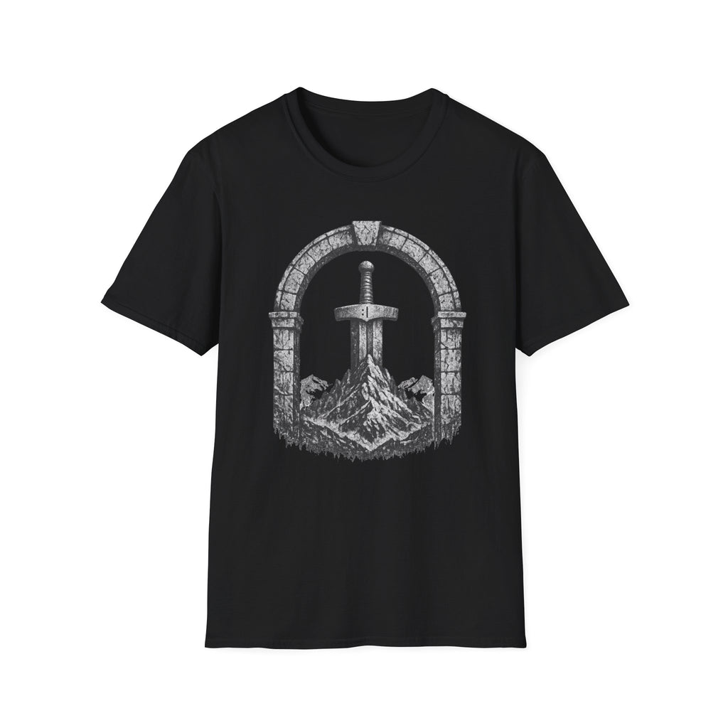 Sword in the Stone Mountain T-Shirt - Fantasy Sword & Archway Graphic Tee