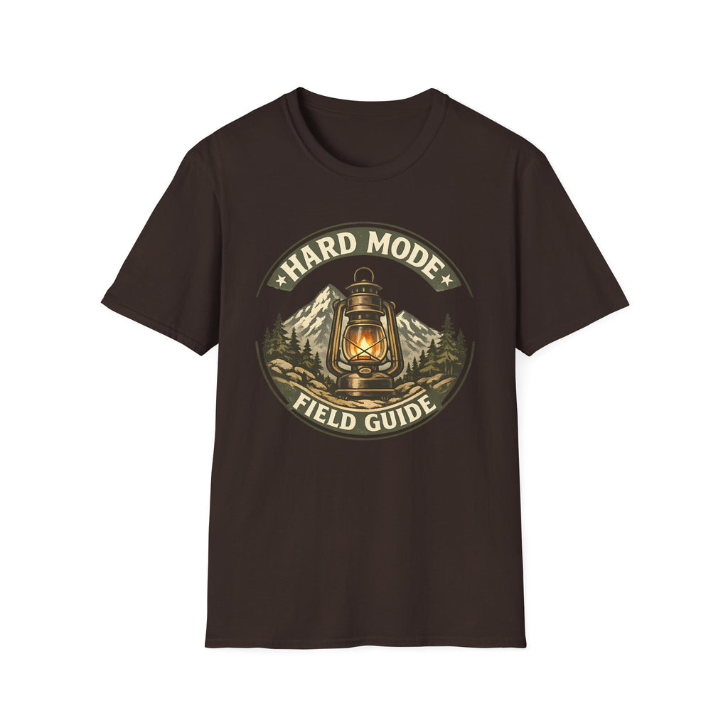 Hard Mode Field Guide T-Shirt - Vintage Lantern Mountain Fantasy Tee