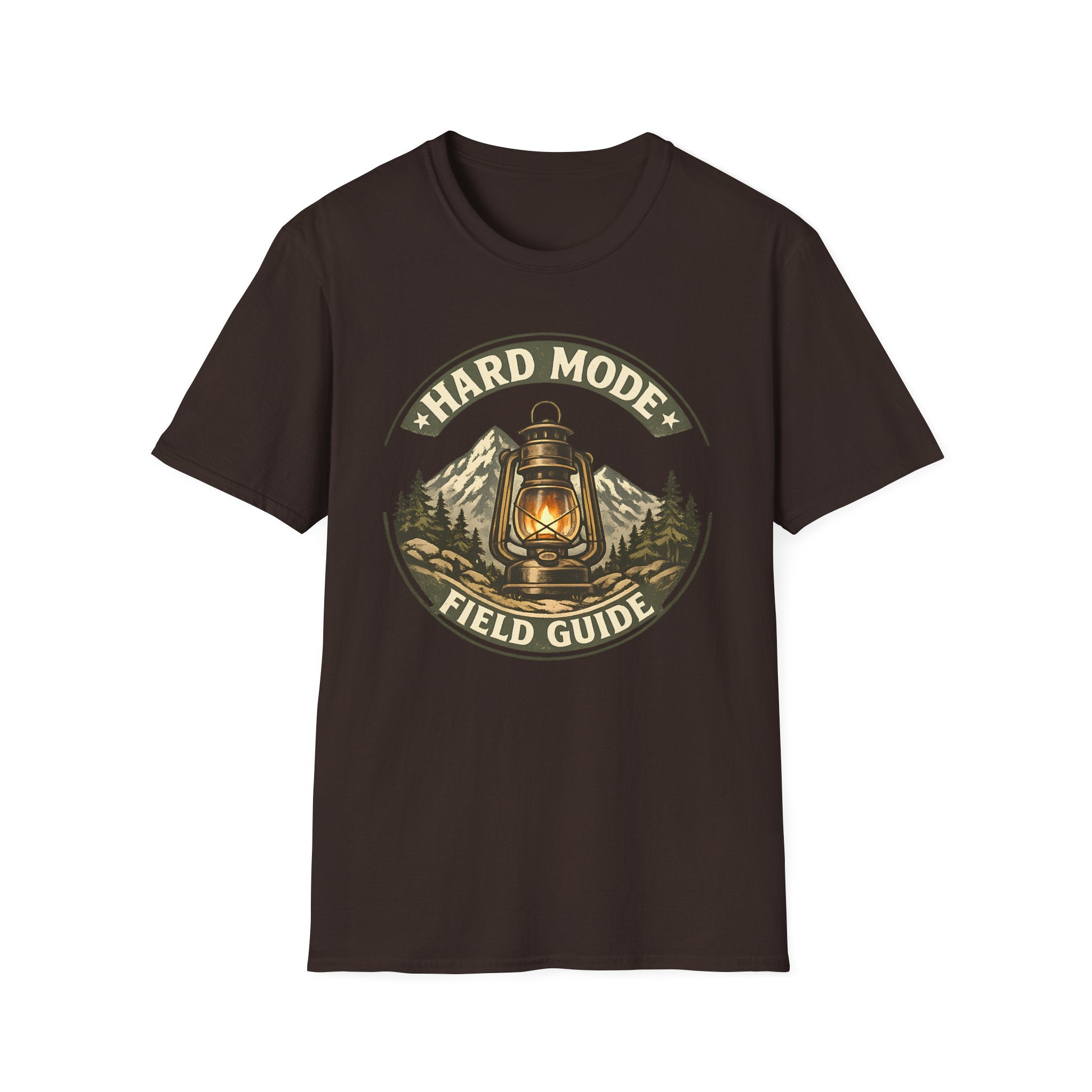 Hard Mode Field Guide T-Shirt - Vintage Lantern Mountain Fantasy Tee