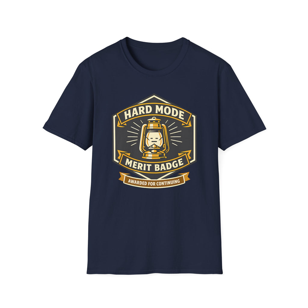 Hard Mode Merit Badge T‑Shirt — Retro Lantern Gaming/Outdoors Crew Tee