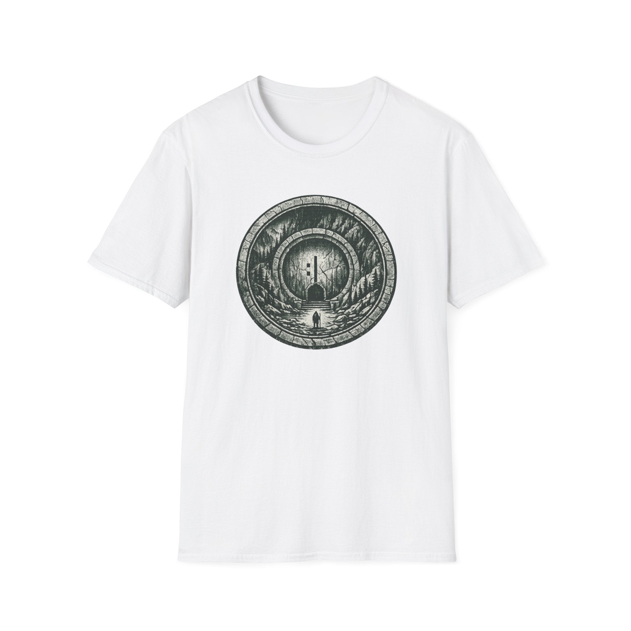 Mystic Forest Portal T-Shirt — Circular Woodland Scene with Moonlit Path