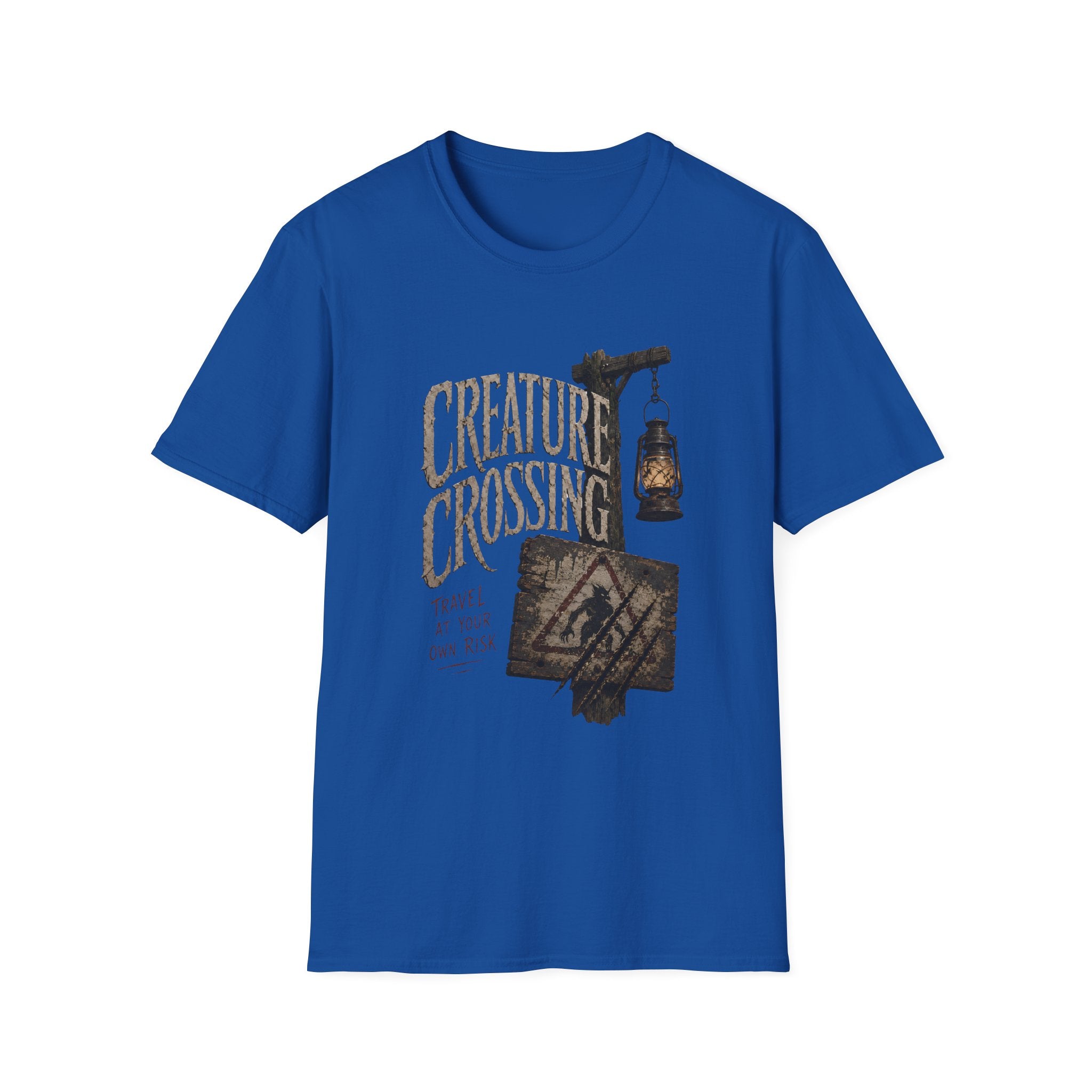 Creature Crossing T-Shirt - Rustic Lantern & Caution Adventure Tee