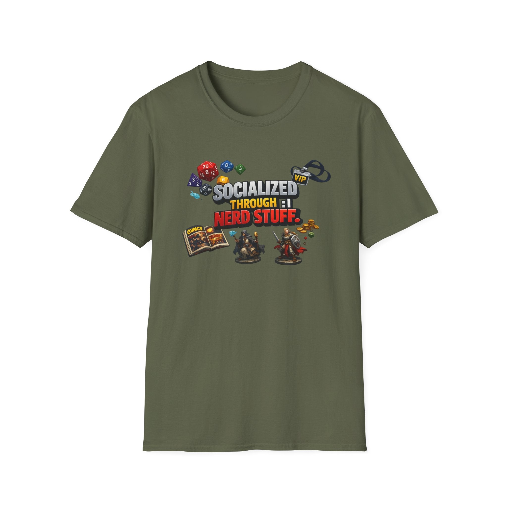 Socialized Through Nerd Stuff T-Shirt — RPG Dice & Miniatures Gamer Tee