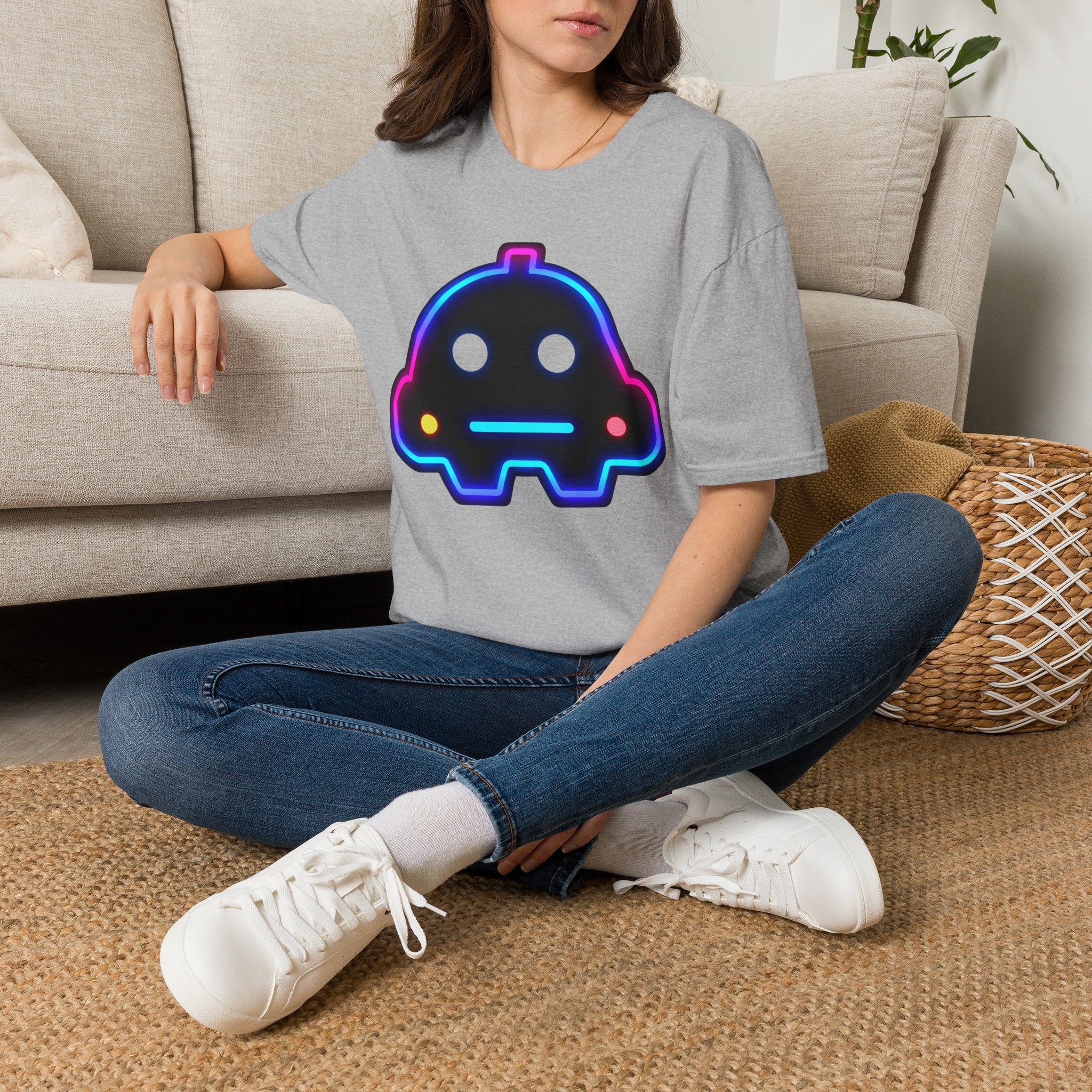 Neon Robot Tee - Retro Glowing Cute Bot Graphic T-Shirt