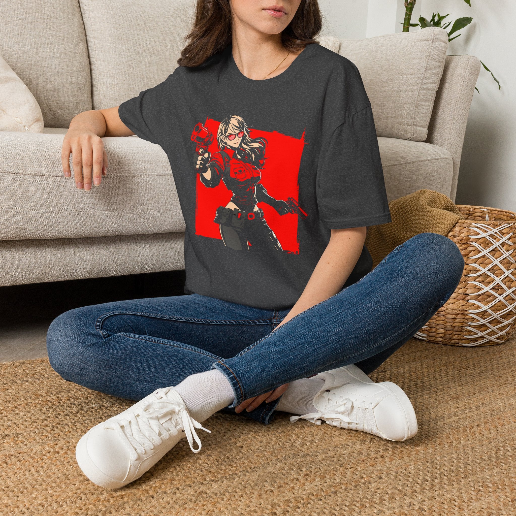 Gamer Girl Gunslinger Graphic T-Shirt — Red Comic Gun Heroine Tee