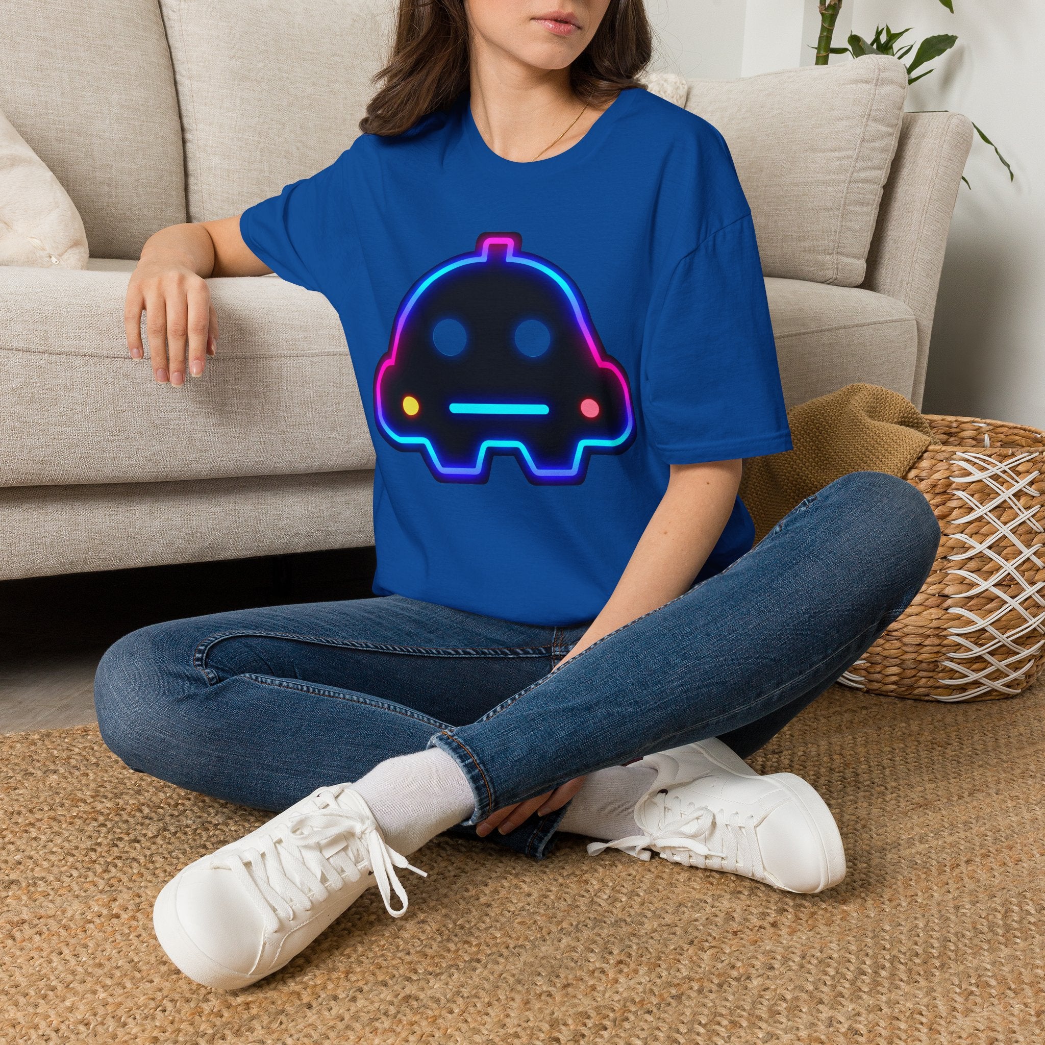 Neon Robot Tee - Retro Glowing Cute Bot Graphic T-Shirt