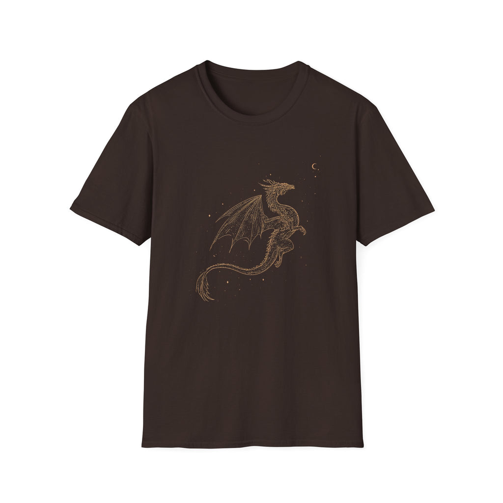 Gold Celestial Dragon T-Shirt — Mystic Fantasy Tee with Moon Accent