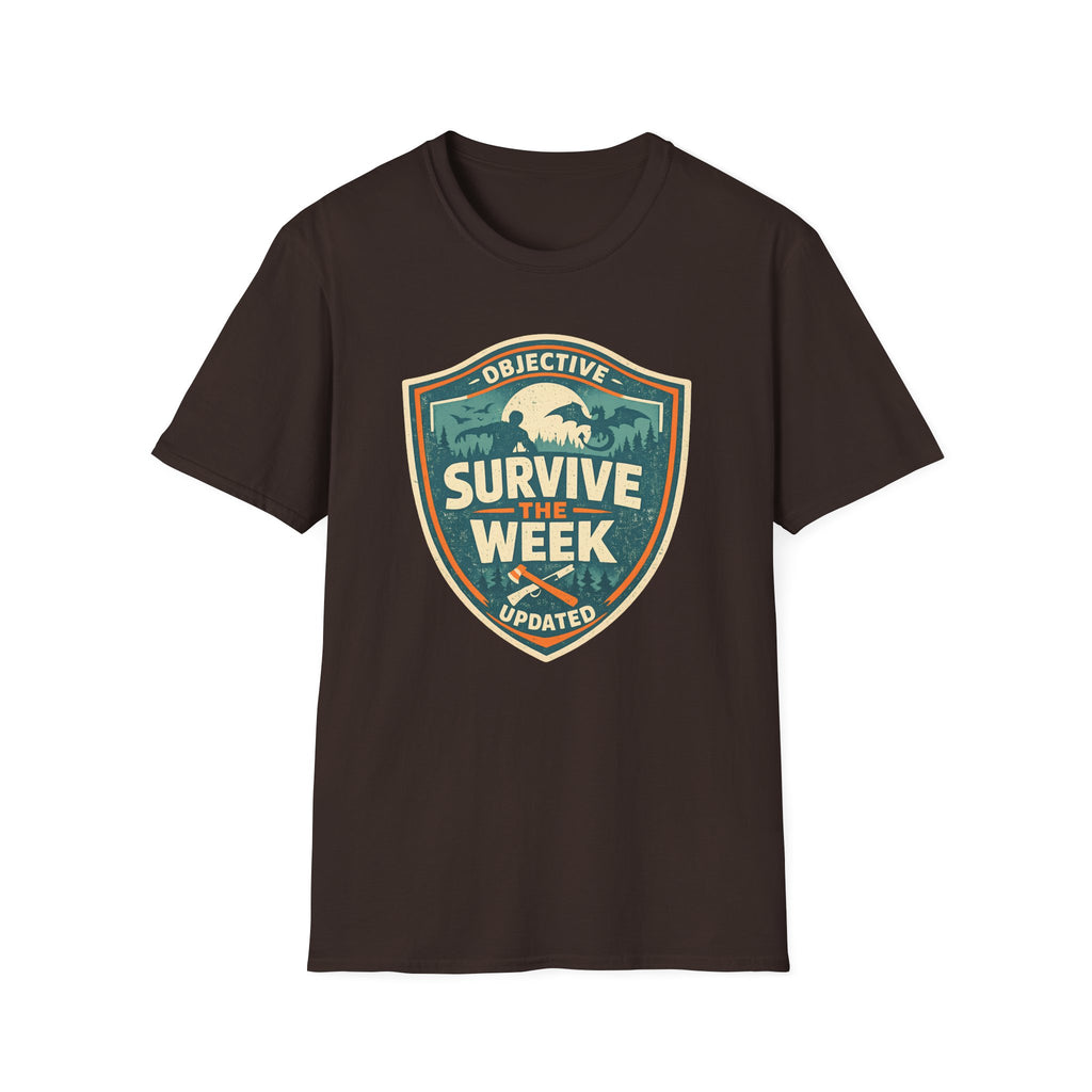 Survive The Week Shield T‑Shirt - Adventure Objective Updated Graphic Tee
