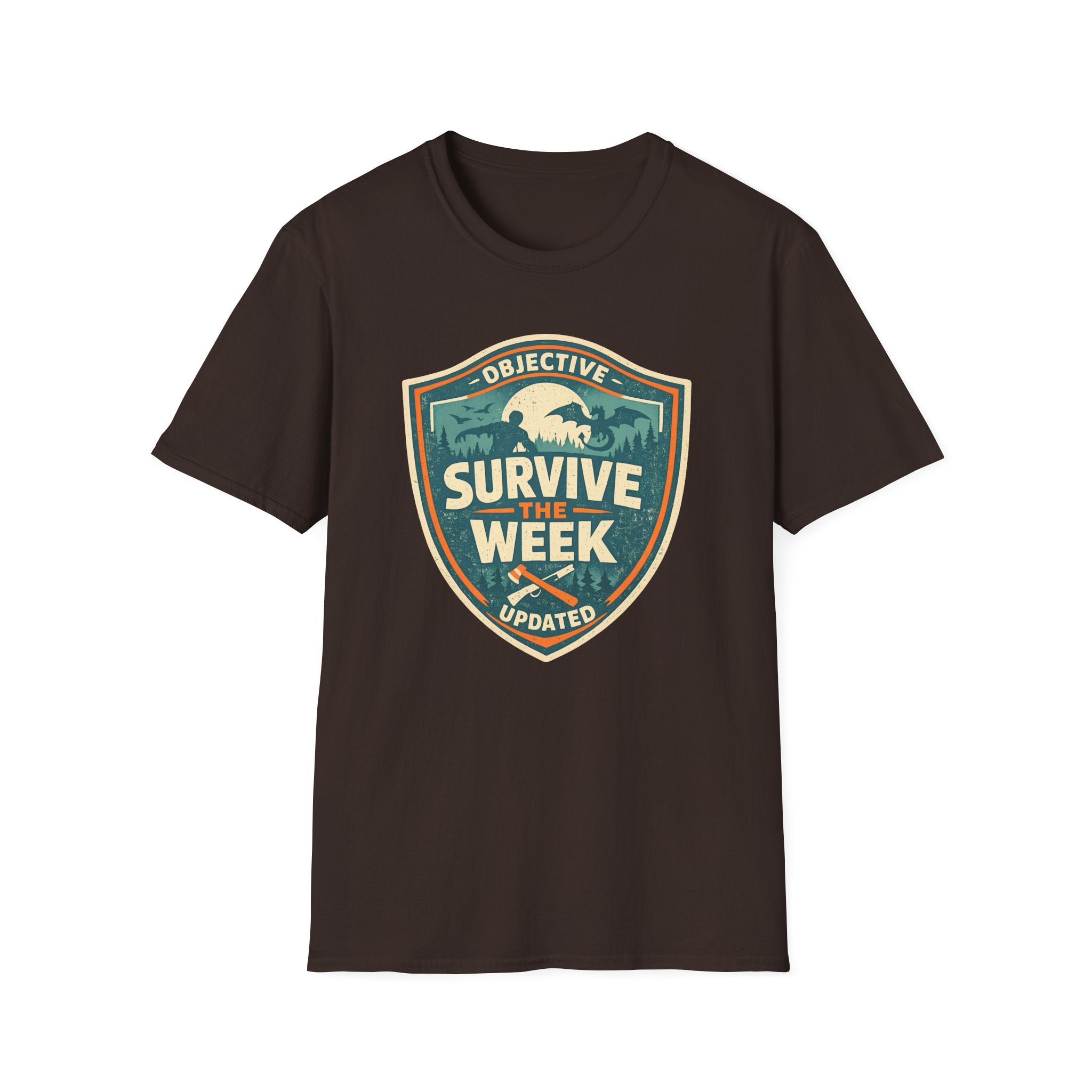 Survive The Week Shield T‑Shirt - Adventure Objective Updated Graphic Tee