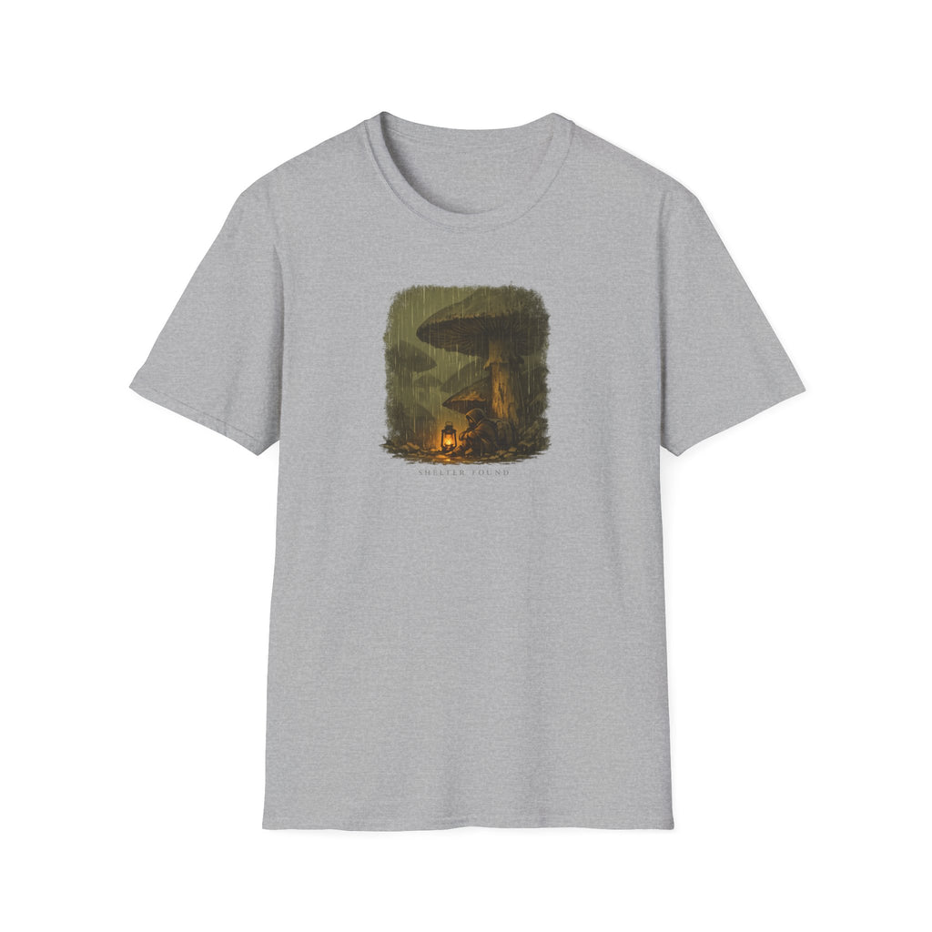 'Shelter Found' Mushroom T-Shirt - Cozy Forest Campfire Illustration