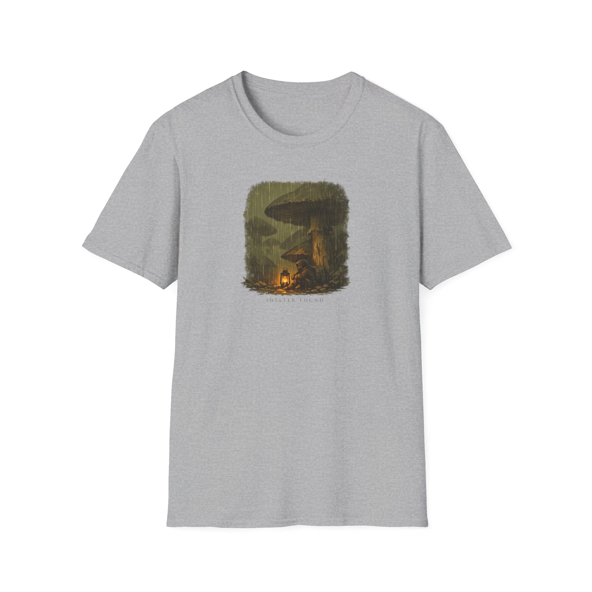 'Shelter Found' Mushroom T-Shirt - Cozy Forest Campfire Illustration
